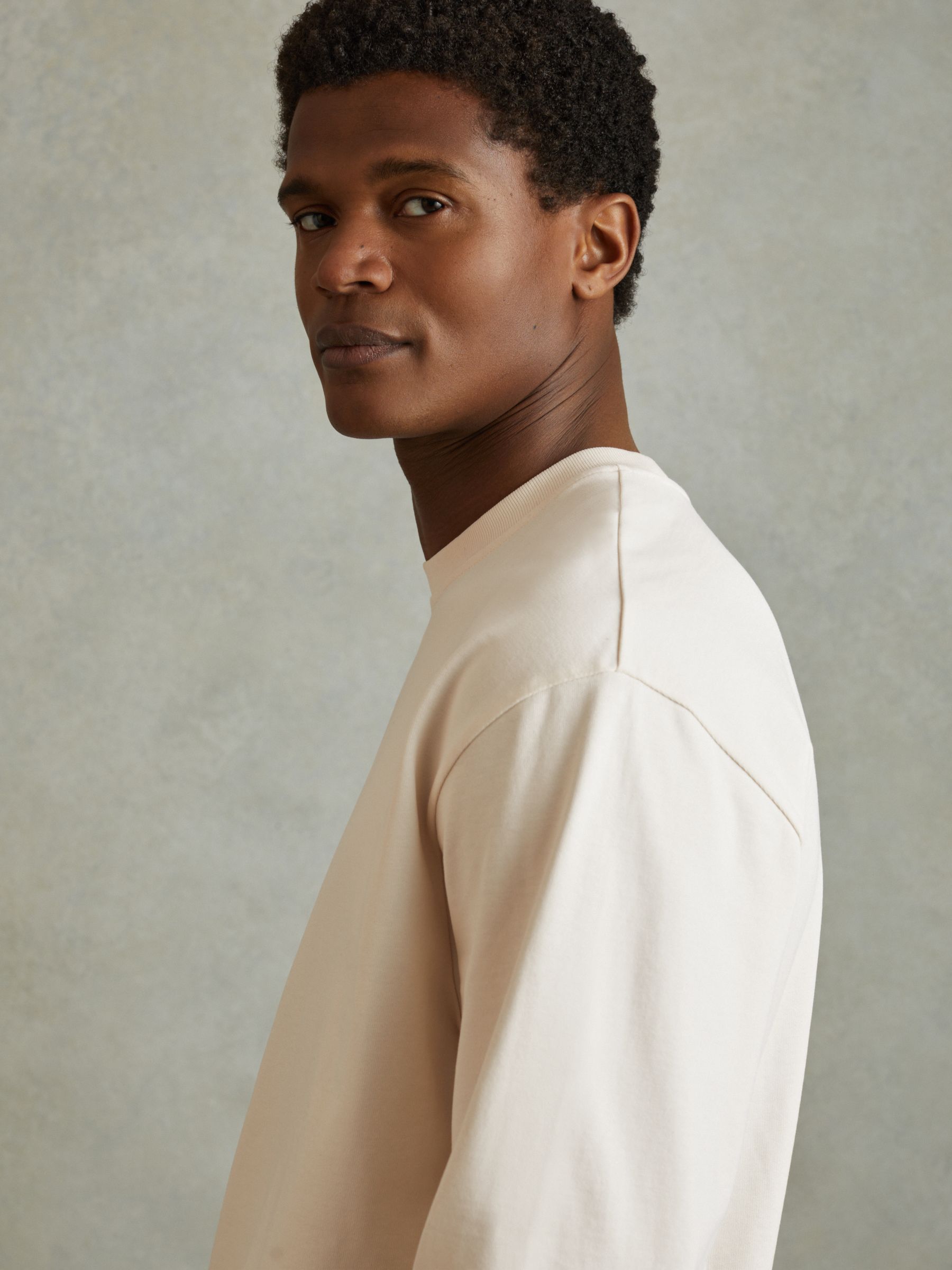 Cotton Crew Neck Long Sleeve T-Shirt in Off White - Image 4 of 6