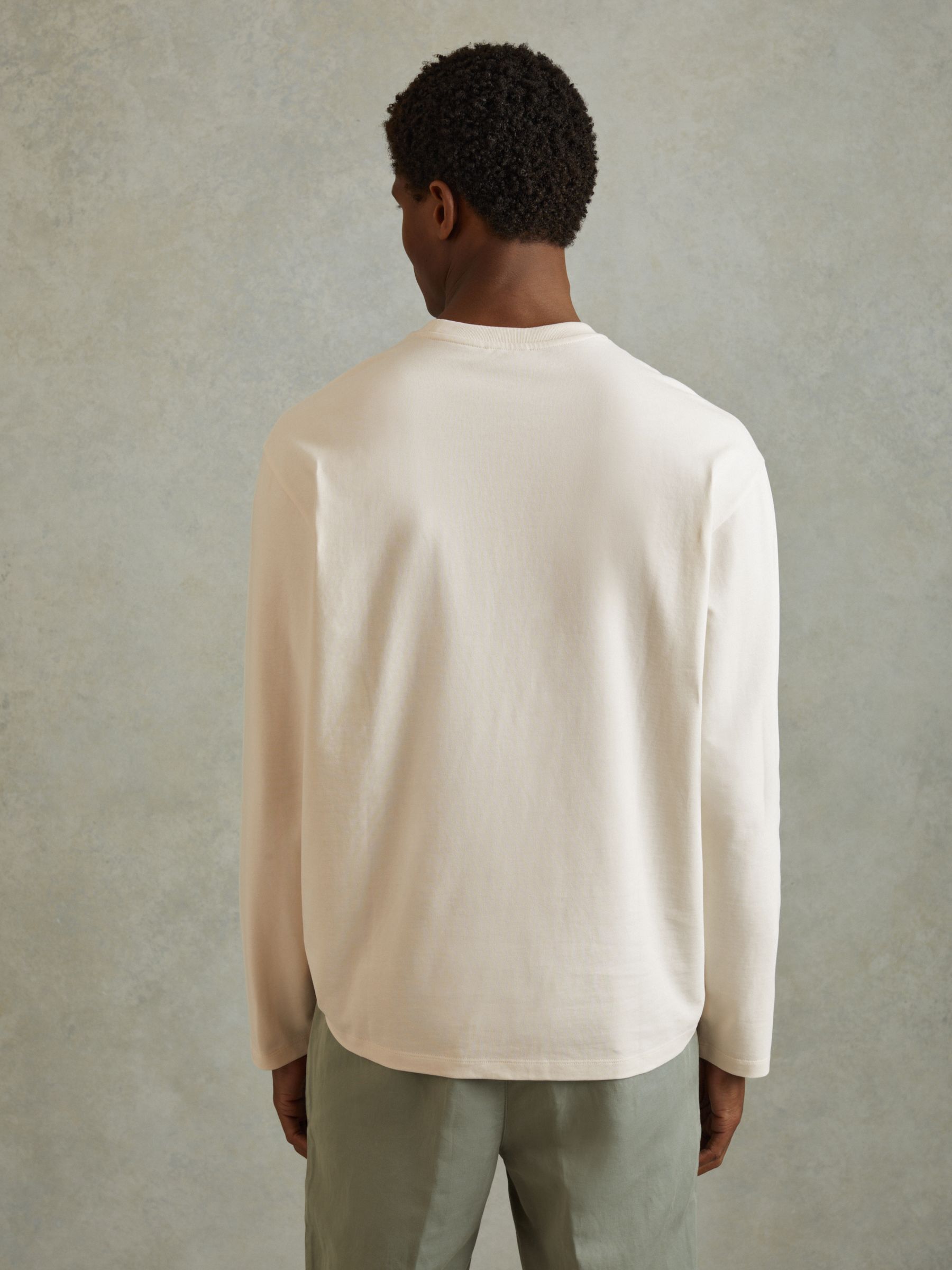 Cotton Crew Neck Long Sleeve T-Shirt in Off White - Image 5 of 6