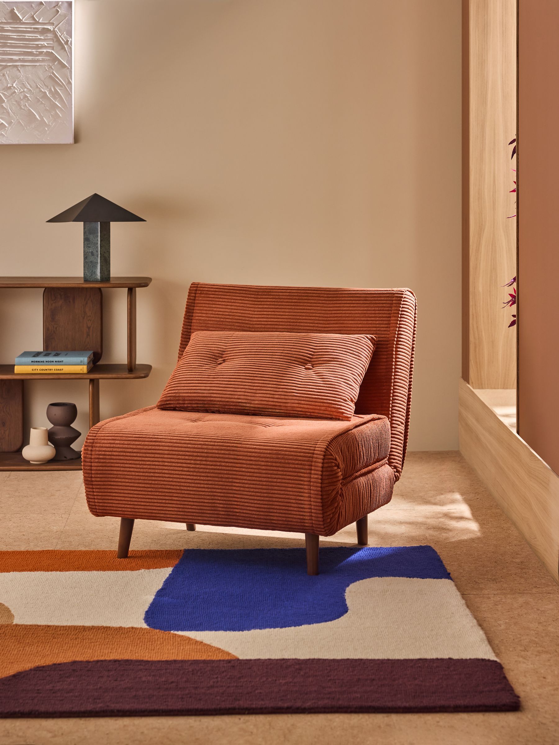 Haru Single 1 Seater Sofa Bed in Nutmeg Orange Corduroy - Image 1 of 6