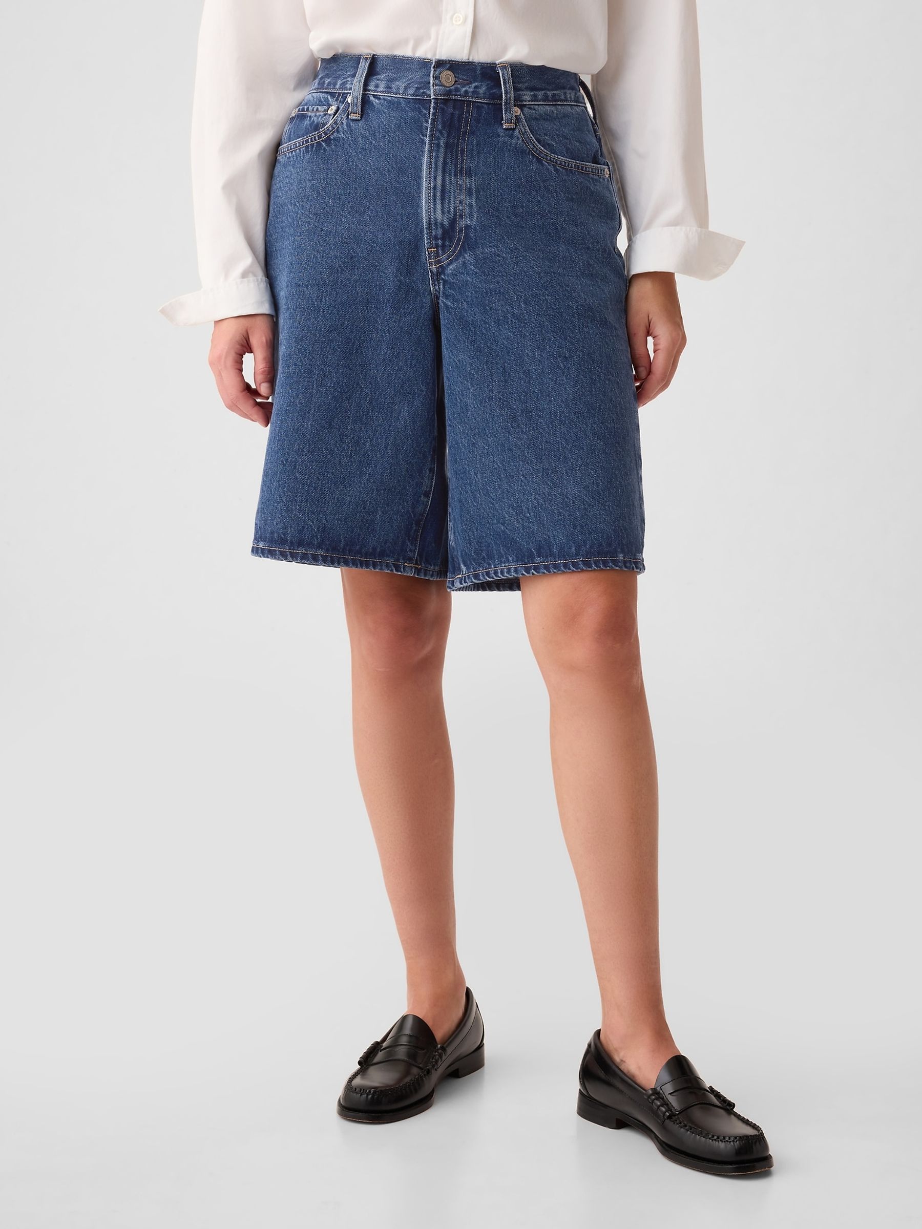 Blue Mid Rise Longline Denim Shorts - Image 1 of 8