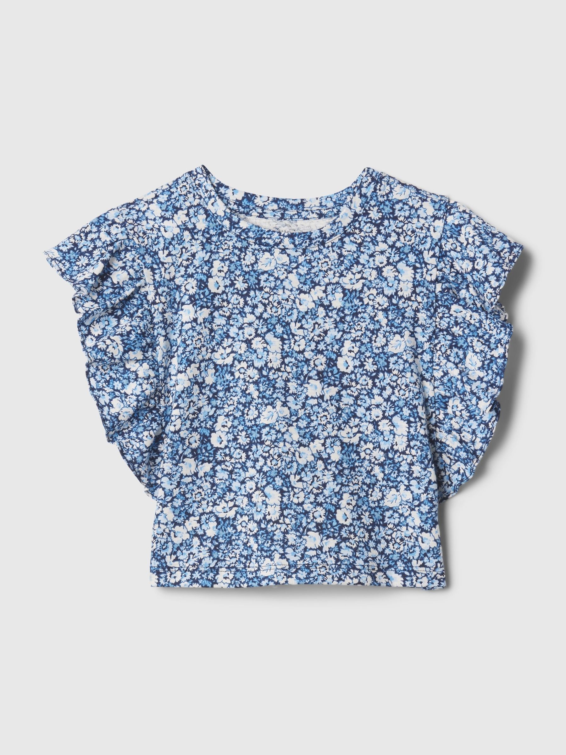 Blue Floral Crinkle Cotton Print Ruffle Sleeve Baby Top (12mths-5yrs) - Image 1 of 3 Blue Floral Crinkle Cotton Print Ruffle Sleeve Baby Top (12mths-5yrs) - Image 1 of 3