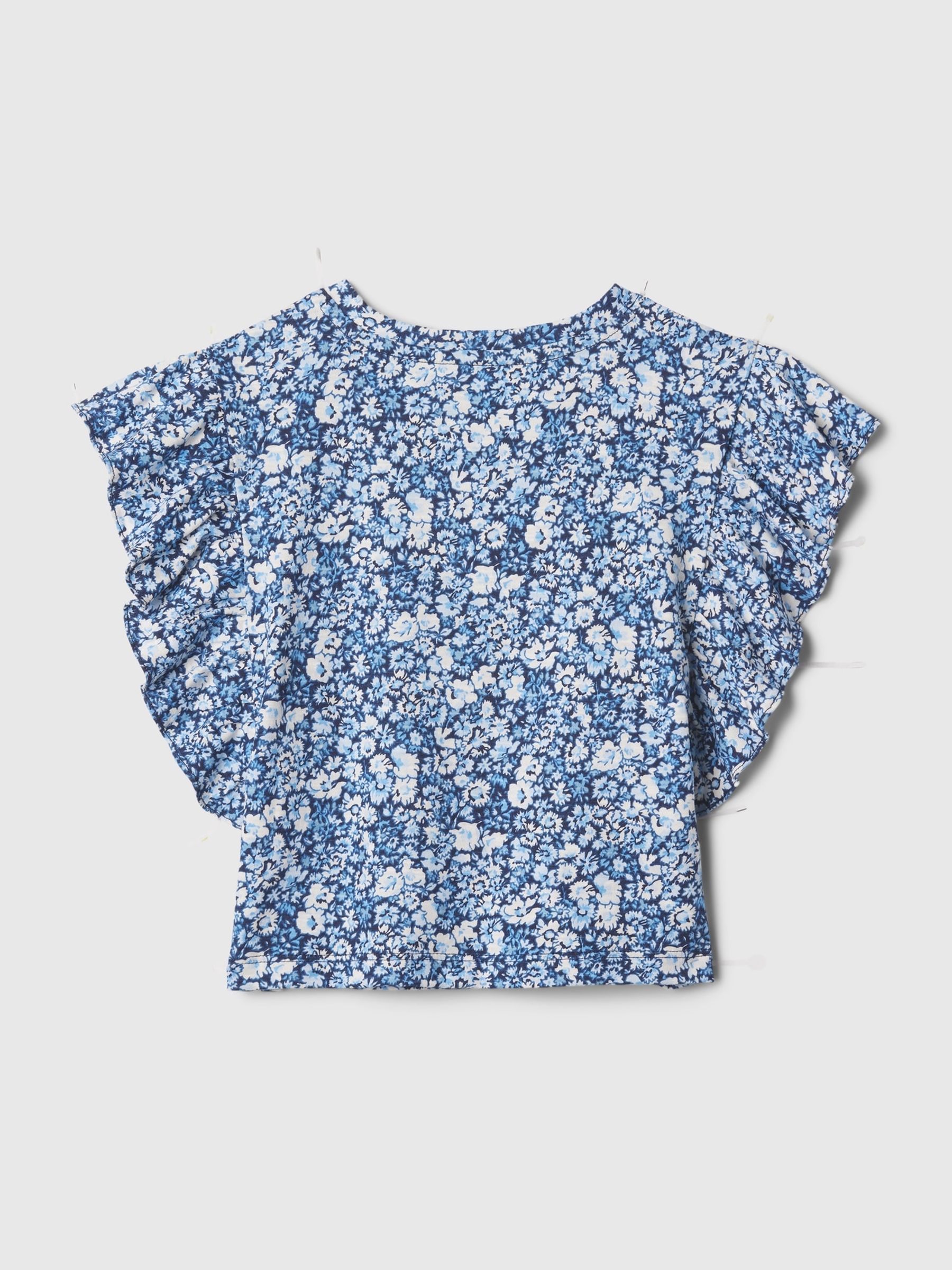 Blue Floral Crinkle Cotton Print Ruffle Sleeve Baby Top (12mths-5yrs) - Image 2 of 3