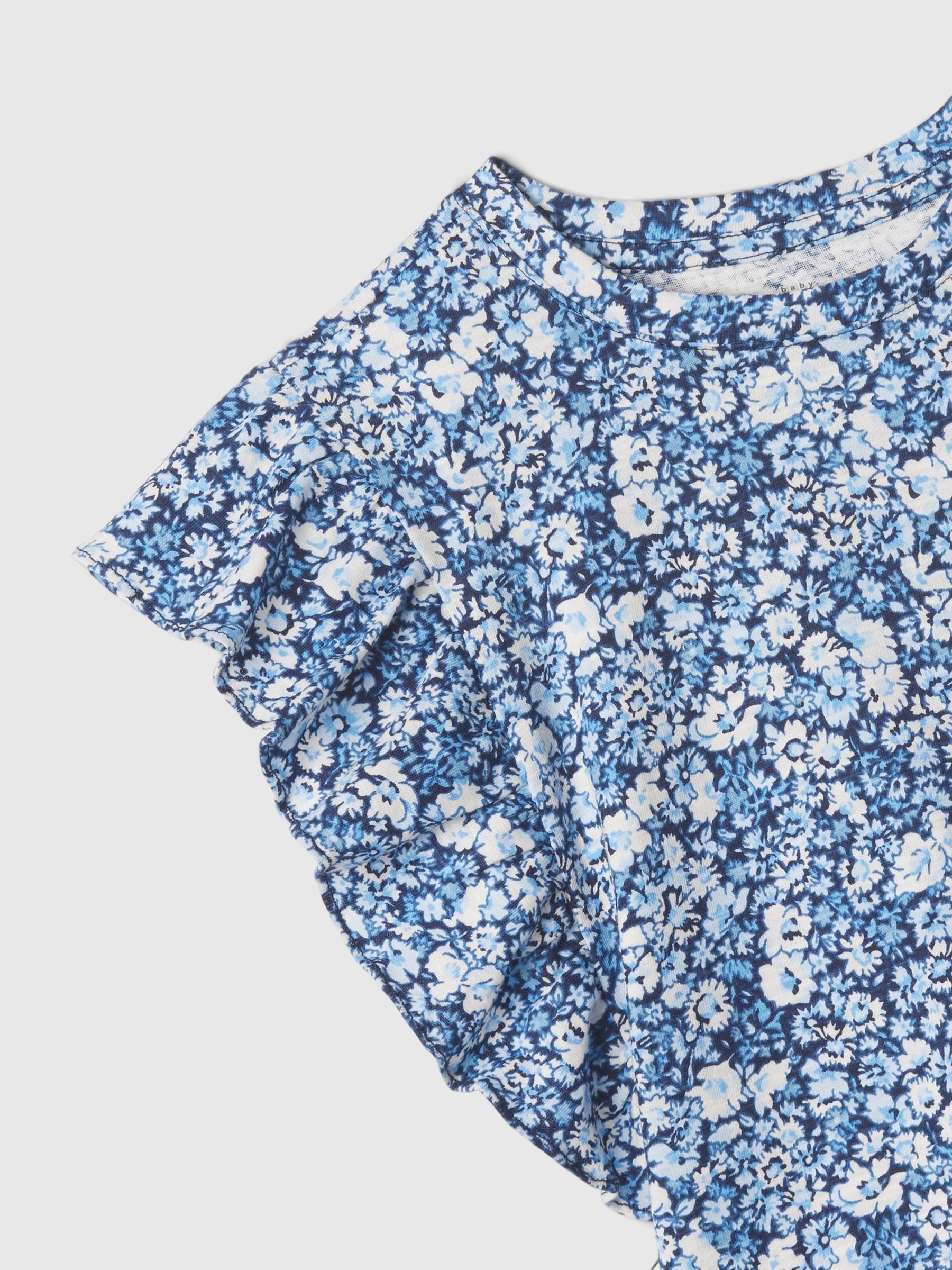 Blue Floral Crinkle Cotton Print Ruffle Sleeve Baby Top (12mths-5yrs) - Image 3 of 3