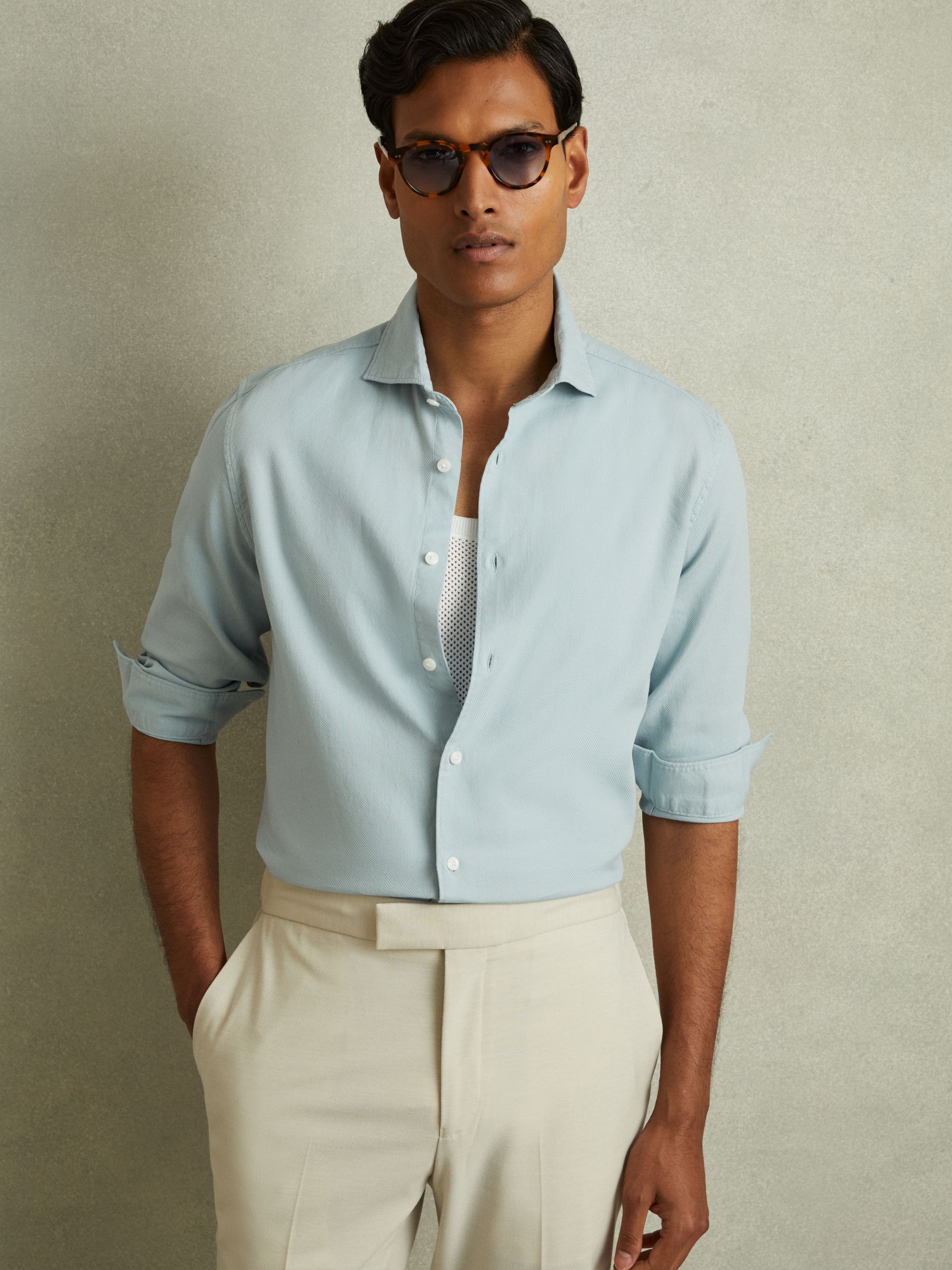 Textured Garment Dyed Button-Through Shirt in Soft Blue - Image 1 of 5