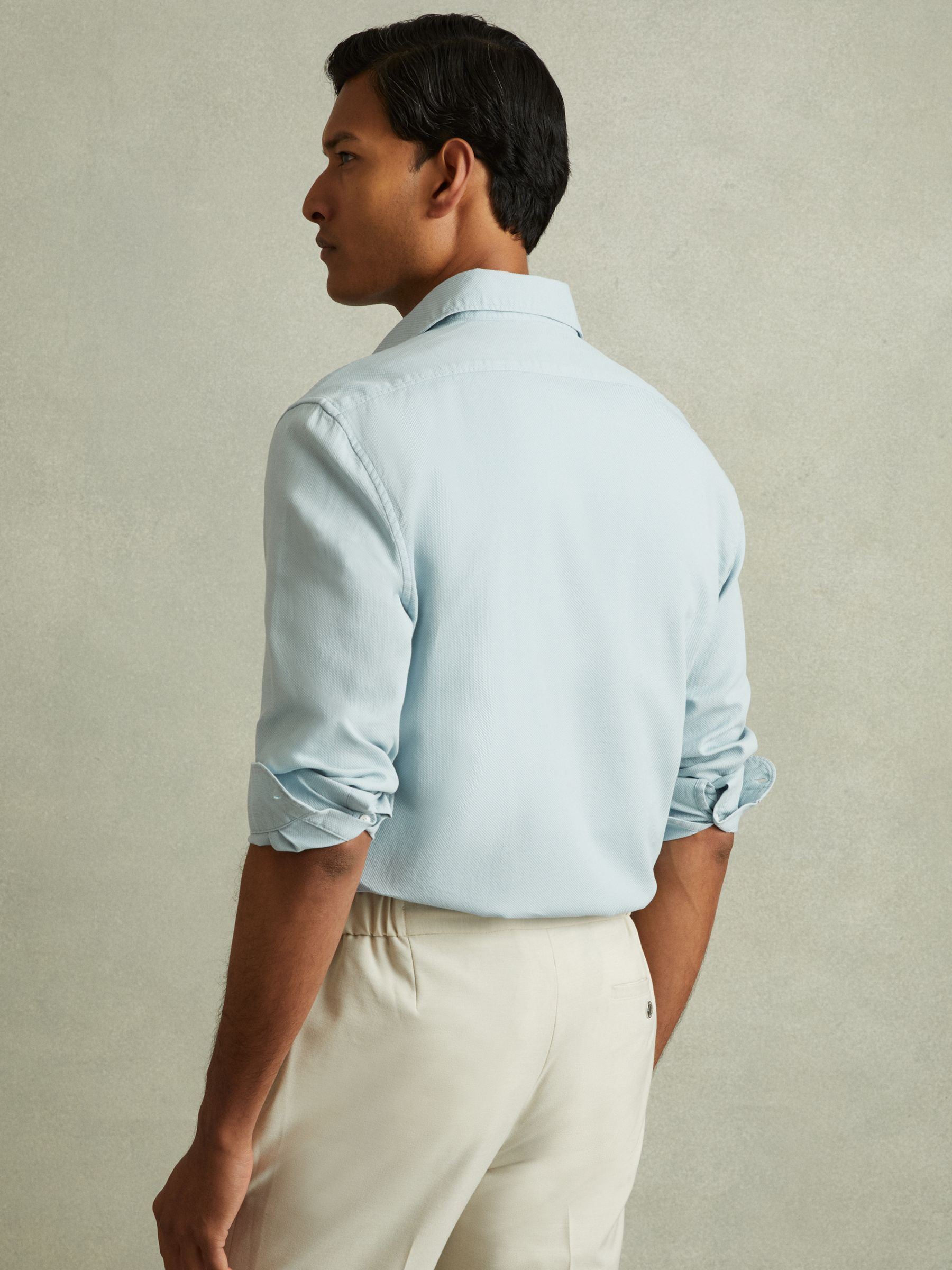 Textured Garment Dyed Button-Through Shirt in Soft Blue - Image 4 of 5