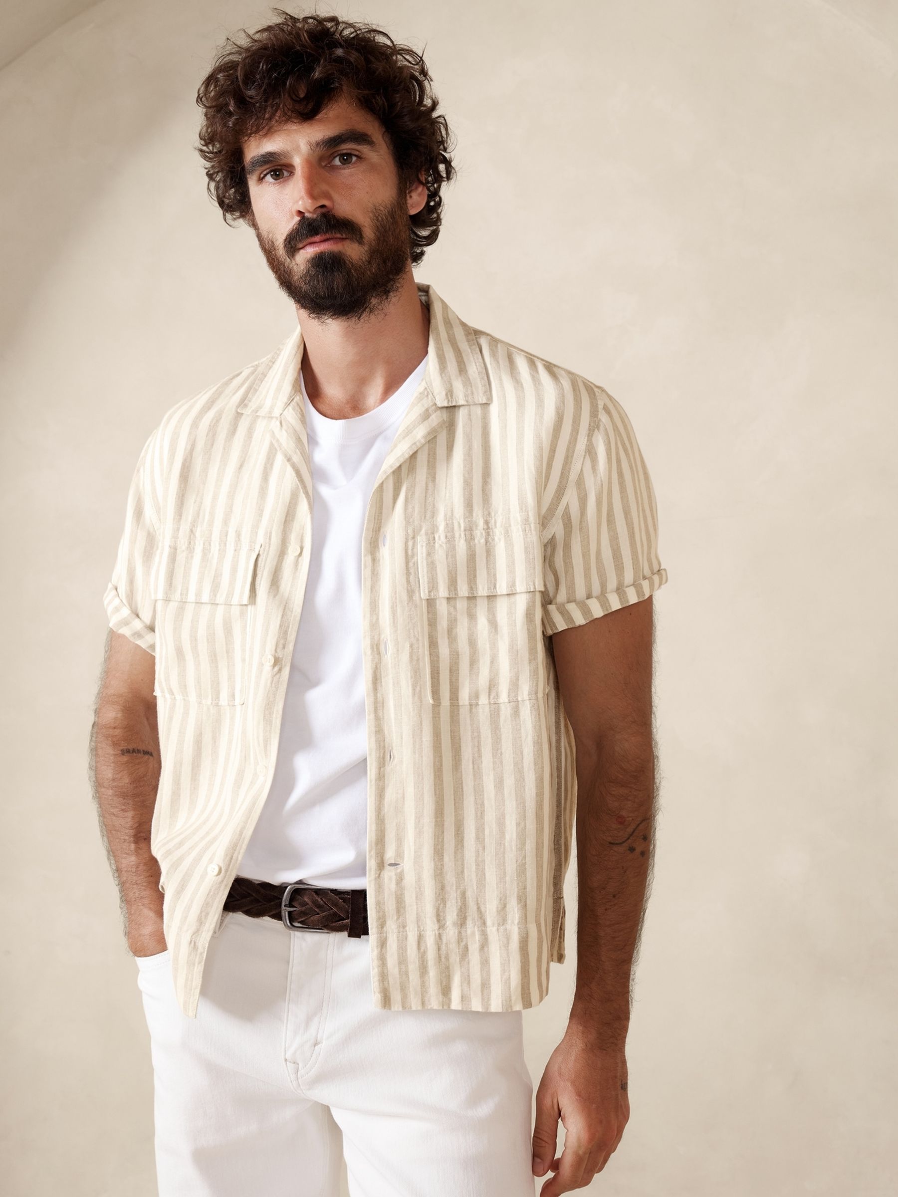 Banana Republic Beige & White 100% Linen Lightweight Striped Resort Shirt - Image 1 of 1