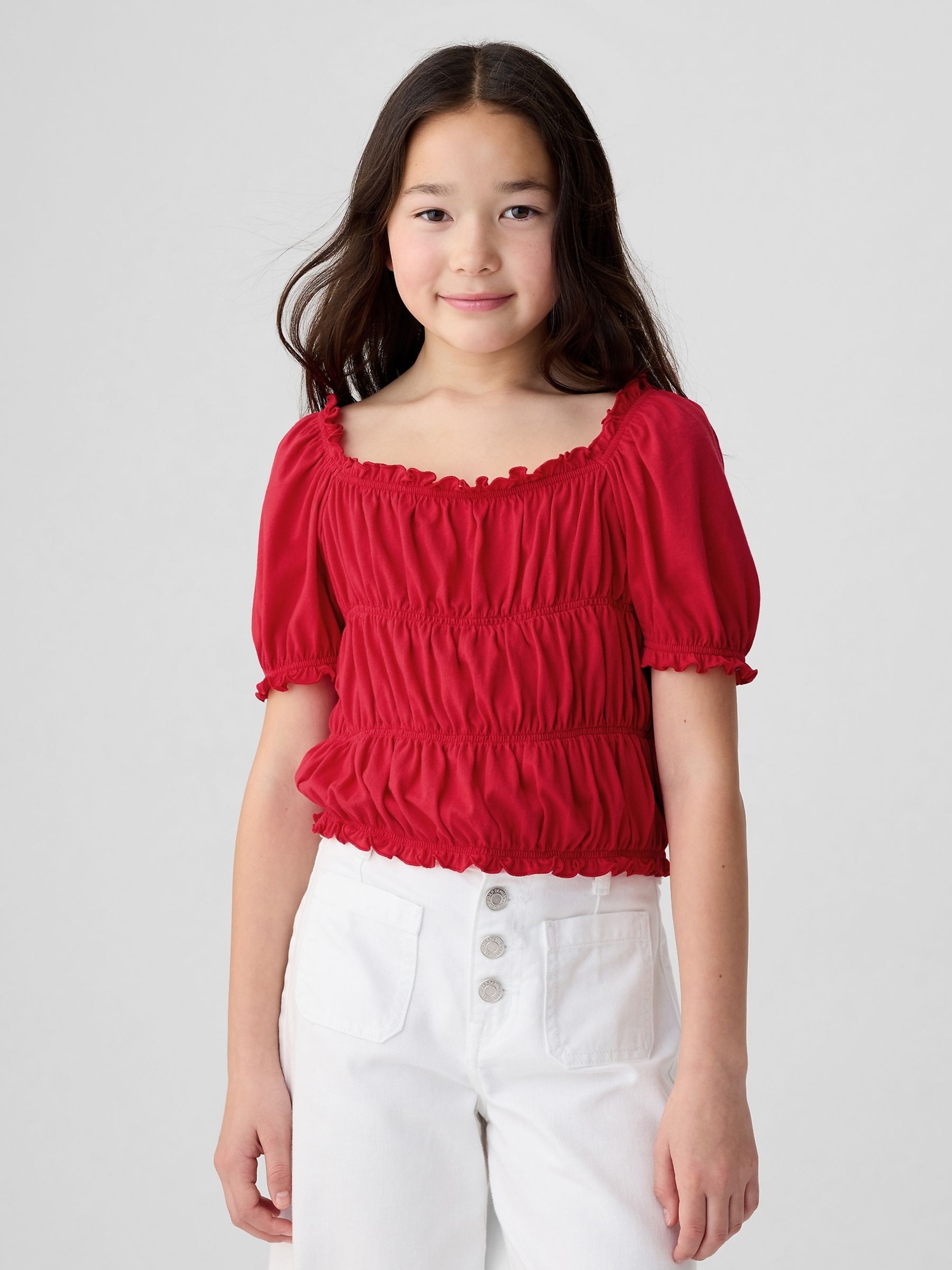 Red Square Neck Puff Sleeve Smocked Top (4-13yrs) - Image 1 of 4