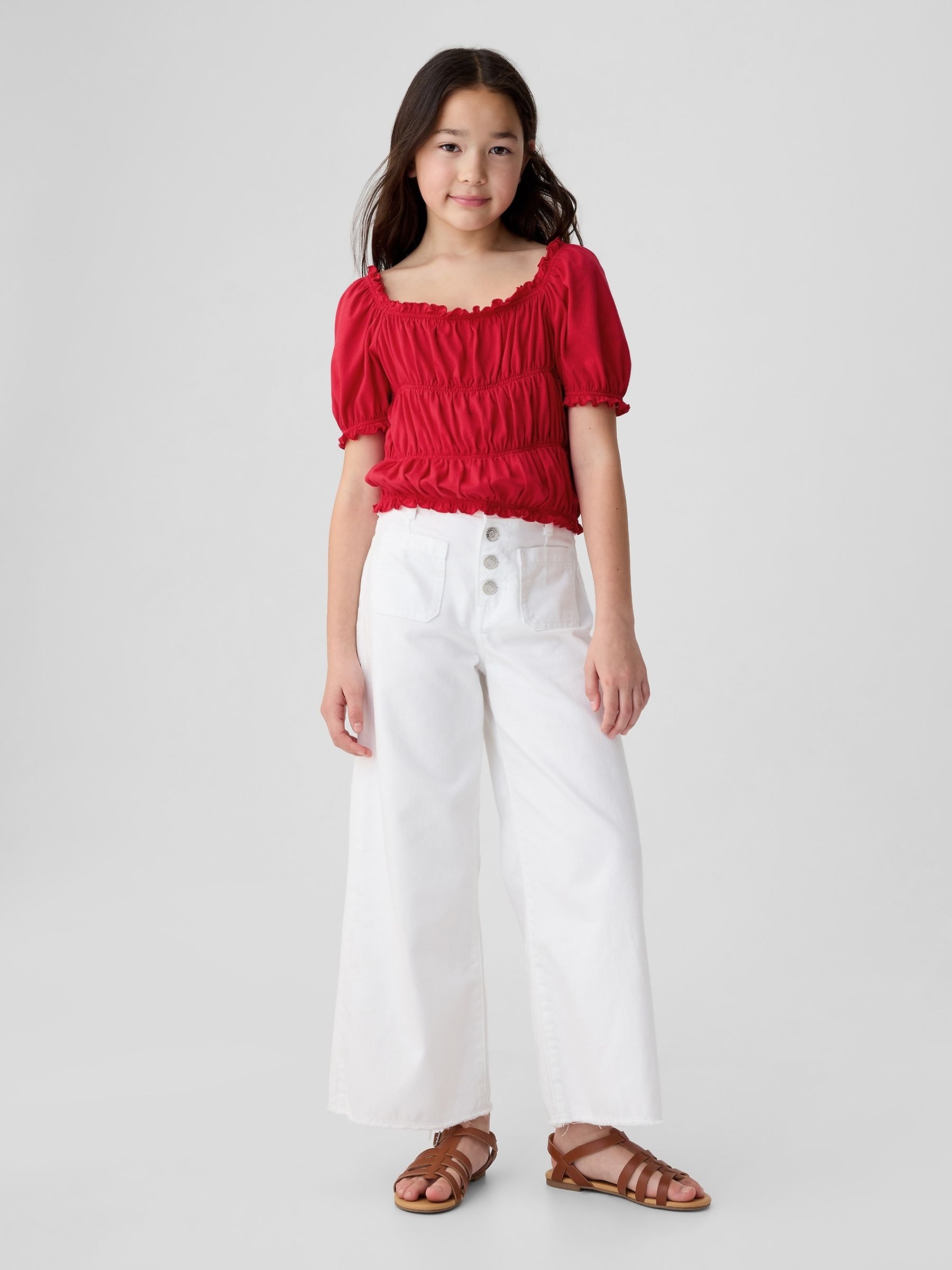 Red Square Neck Puff Sleeve Smocked Top (4-13yrs) - Image 3 of 4