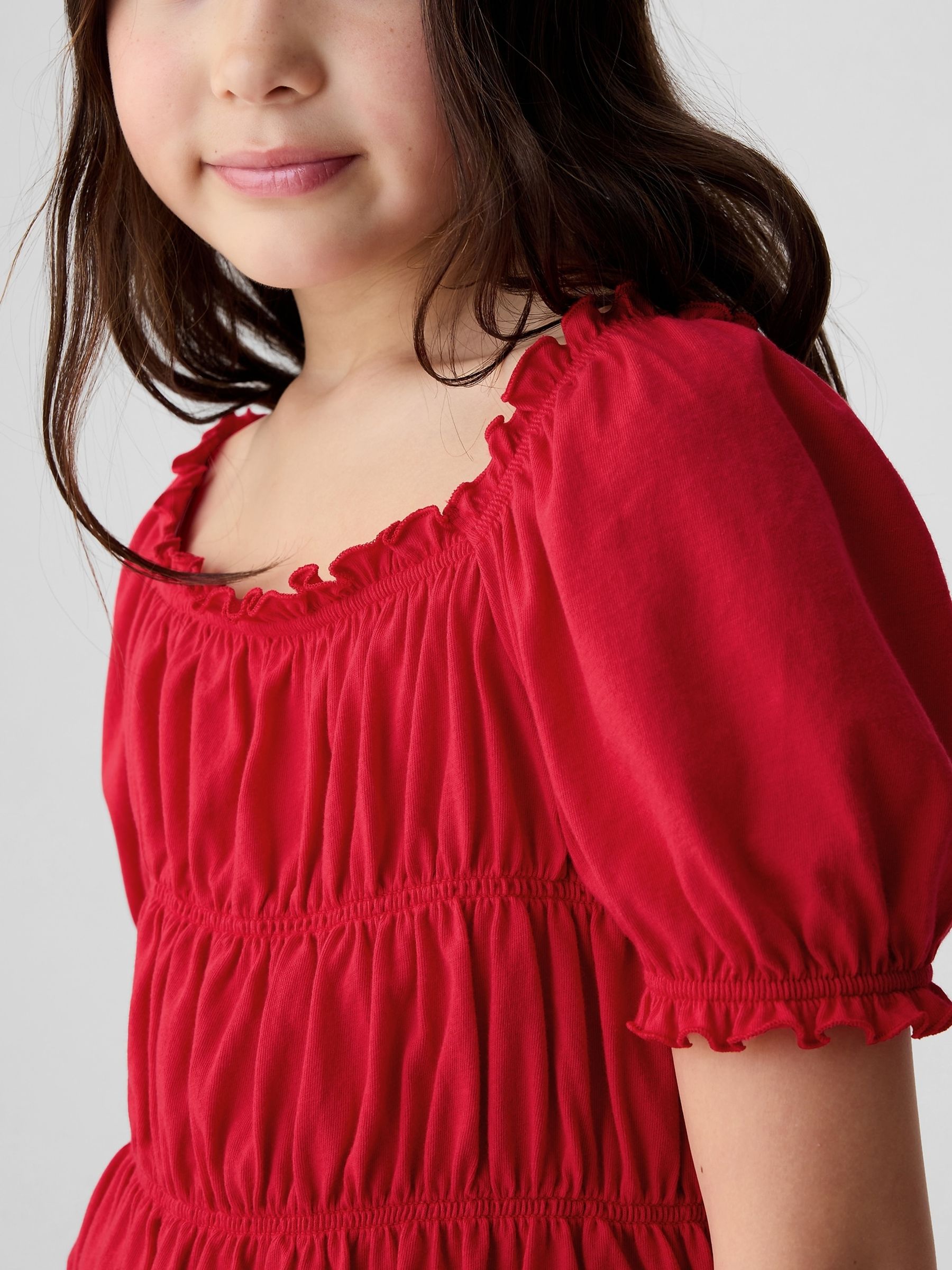 Red Square Neck Puff Sleeve Smocked Top (4-13yrs) - Image 4 of 4