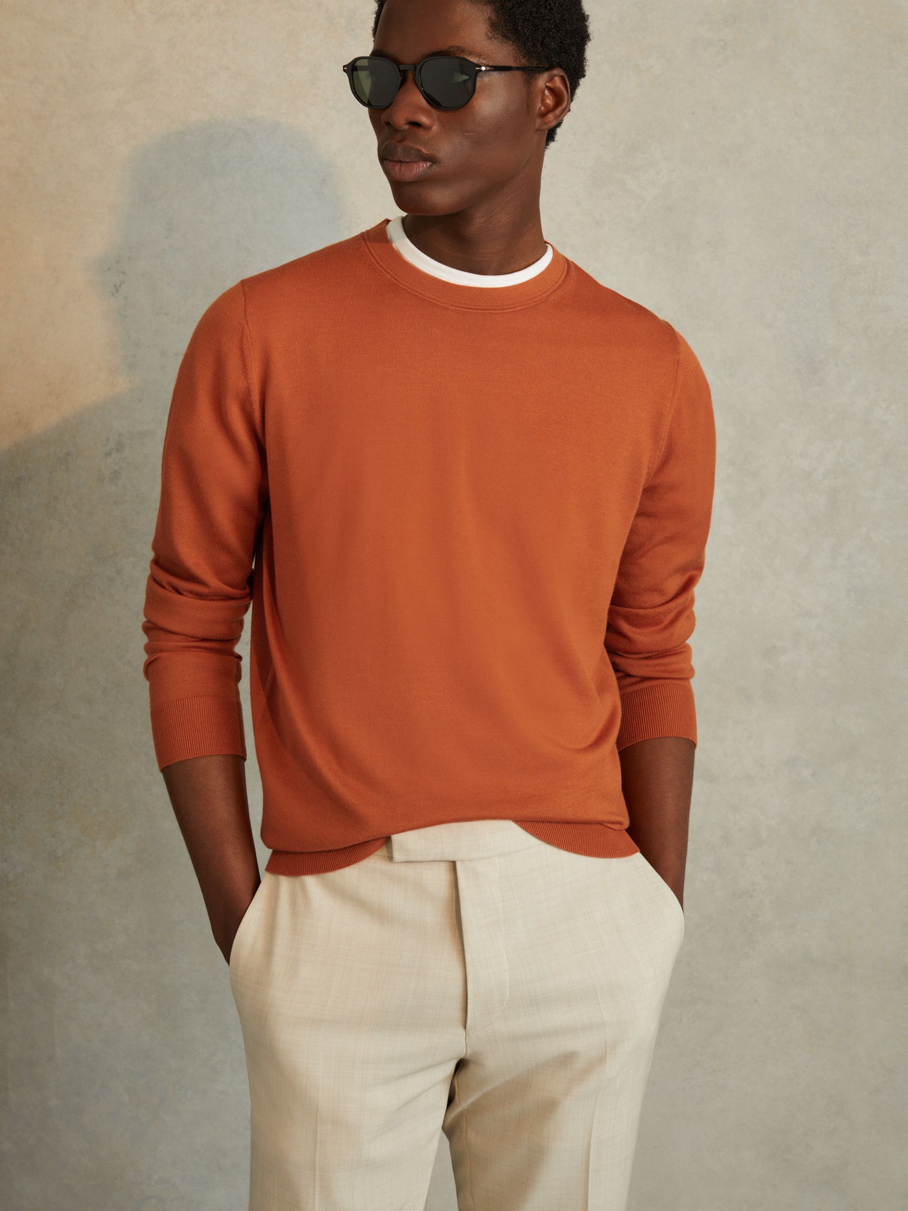 Merino Wool Crew Neck Jumper in Hot Orange - Image 1 of 4