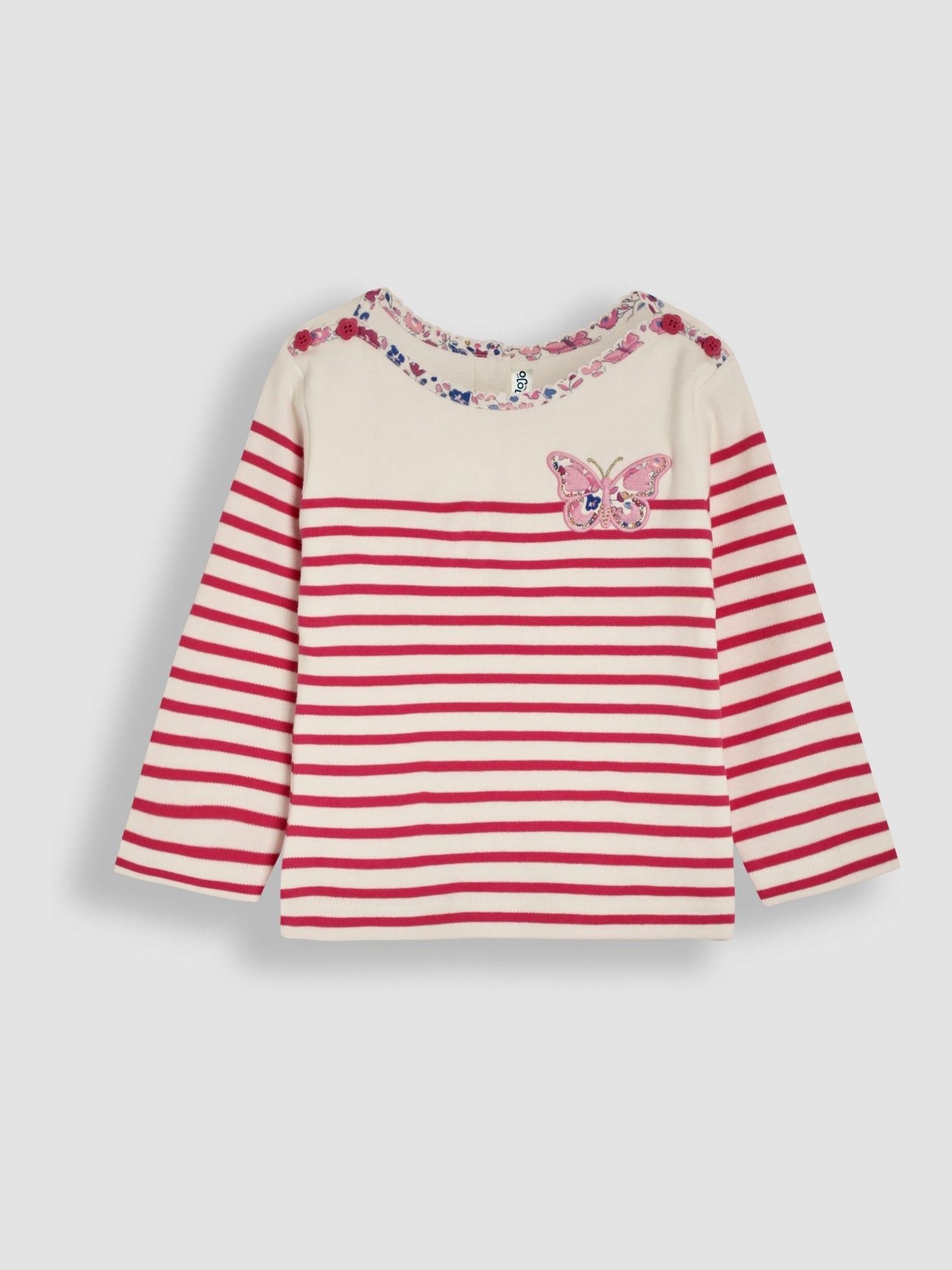 Raspberry Pink Butterfly Cotton Long Sleeve Pocket Breton Top - Image 1 of 3