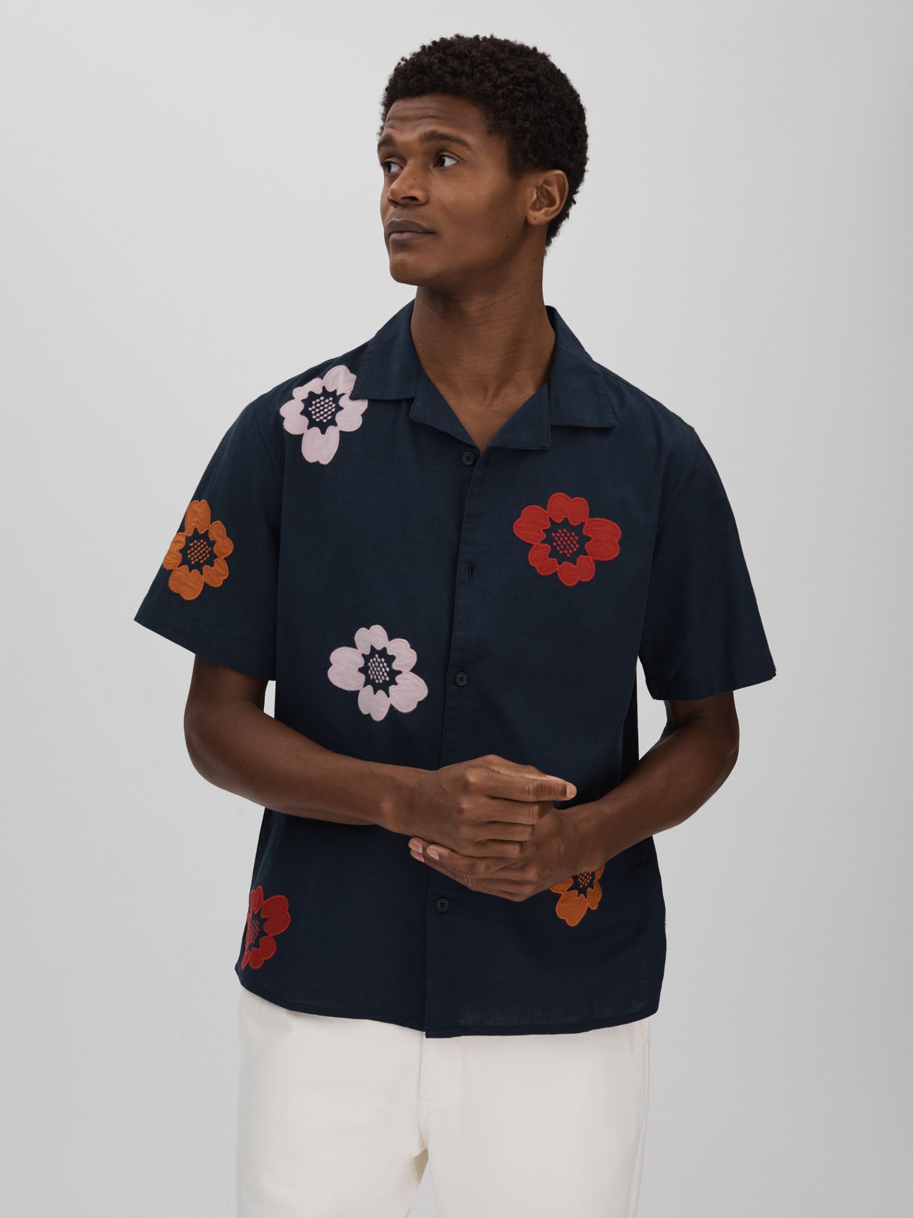 Wax London Relaxed Cotton Linen Applique Shirt in Navy - Image 1 of 6