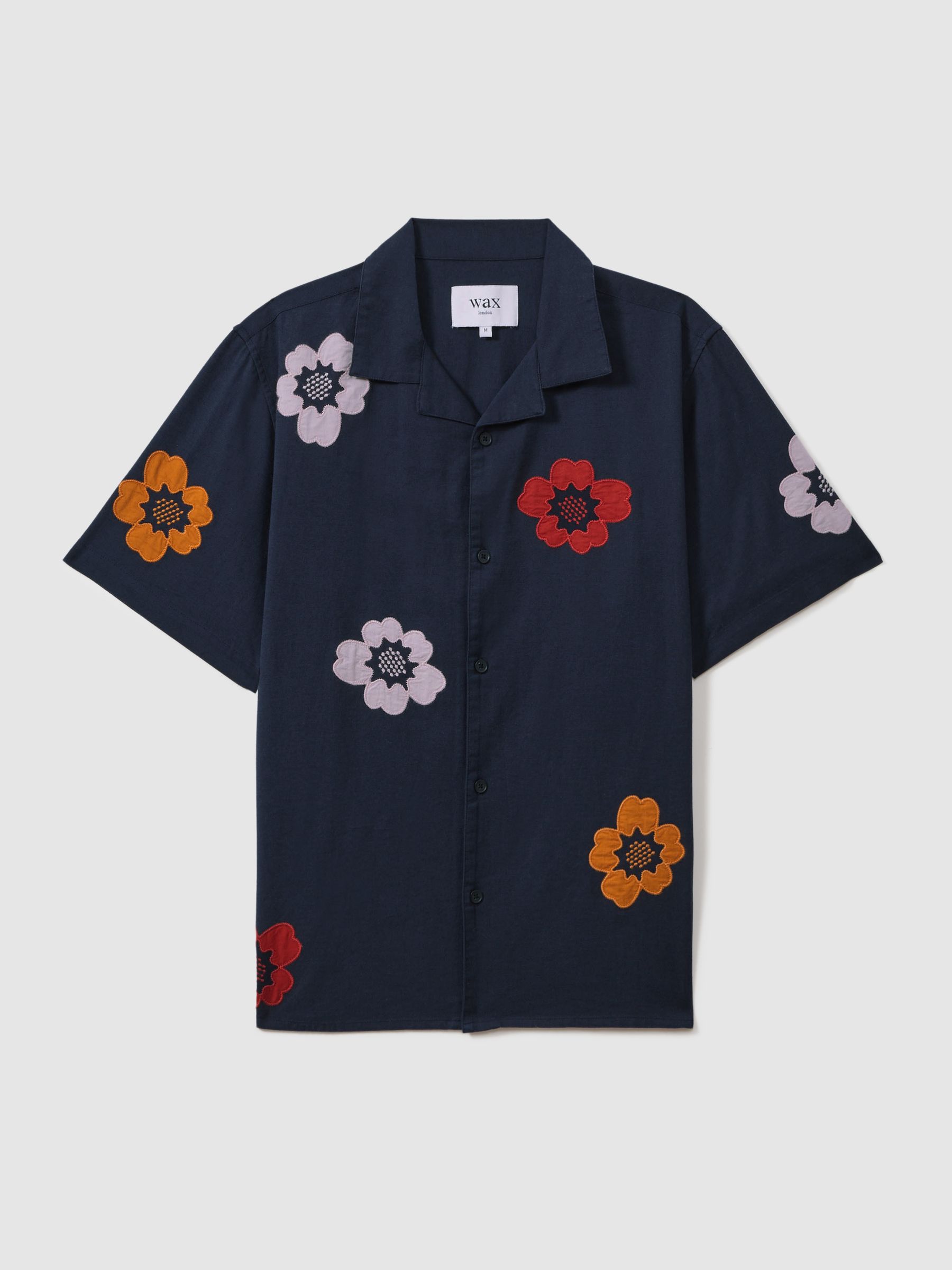 Wax London Relaxed Cotton Linen Applique Shirt in Navy - Image 2 of 6