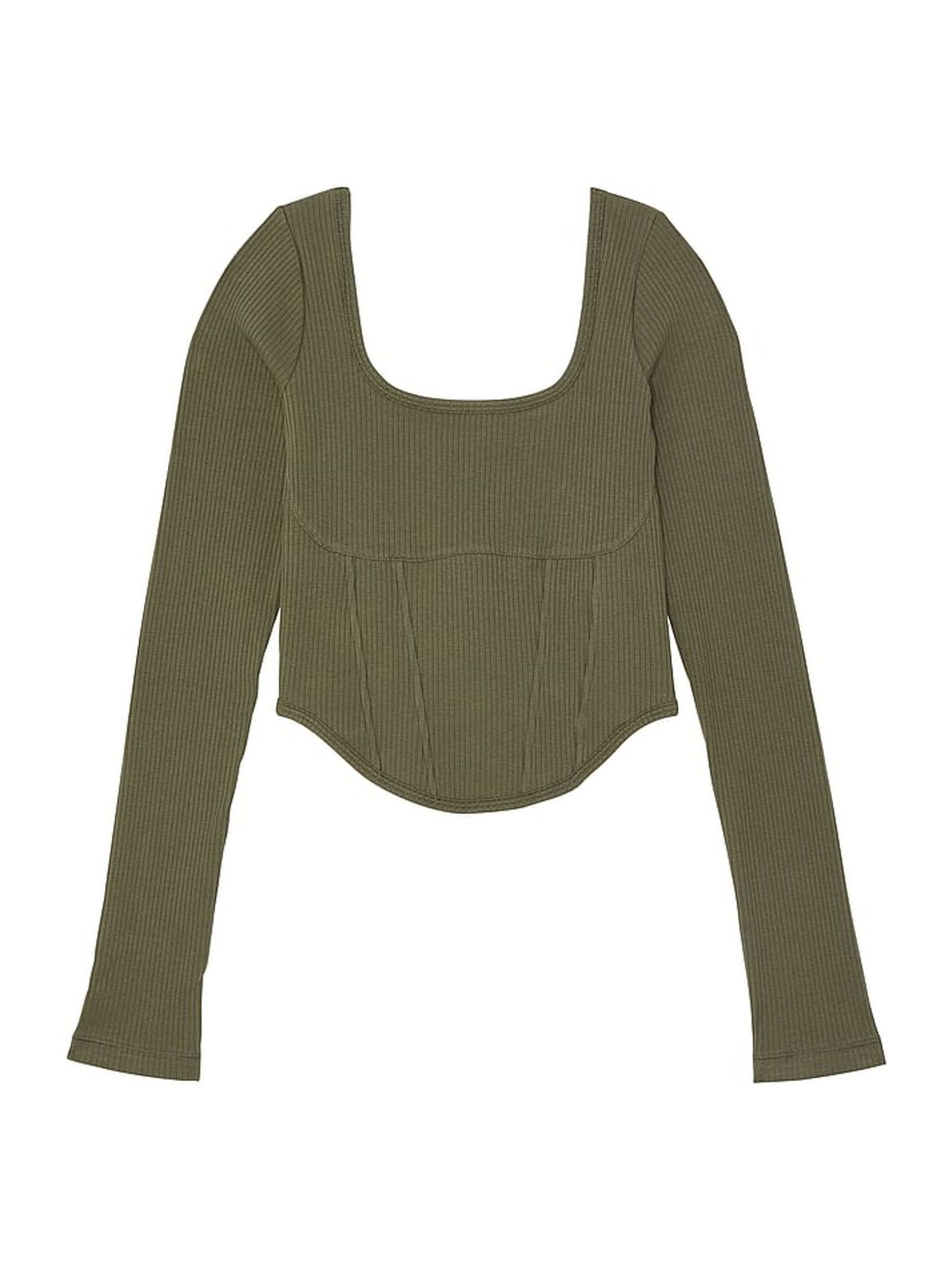 Olive Green Long Sleeve Cotton Corset Top - Image 3 of 3