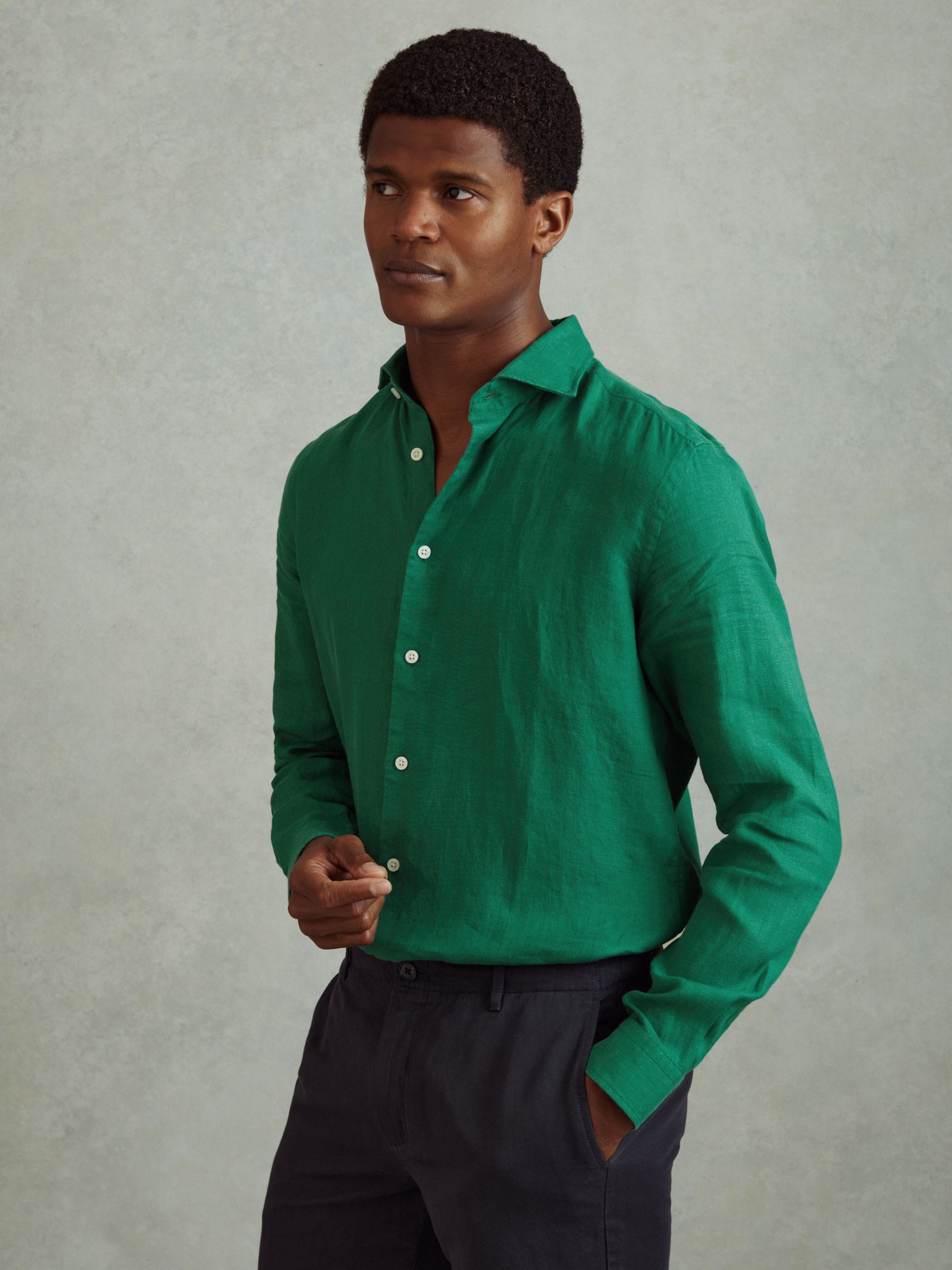 Linen Button-Through Shirt in Bright Green - Image 1 of 6 Linen Button-Through Shirt in Bright Green - Image 1 of 6