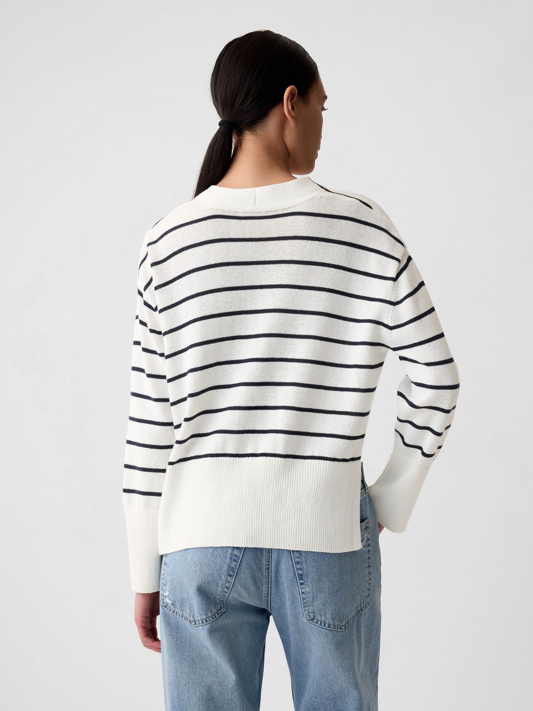 Black/White Stripe 24/7 Split-Hem Linen Blend Oversized Cardigan - Image 2 of 5