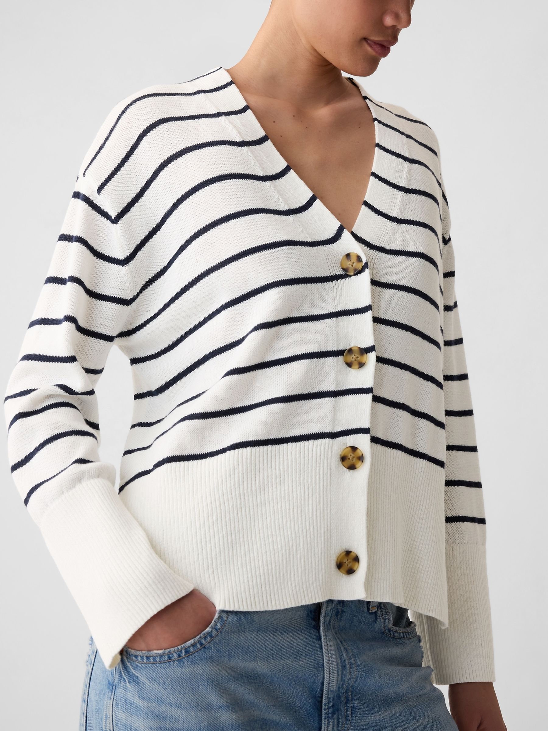 Black/White Stripe 24/7 Split-Hem Linen Blend Oversized Cardigan - Image 3 of 5