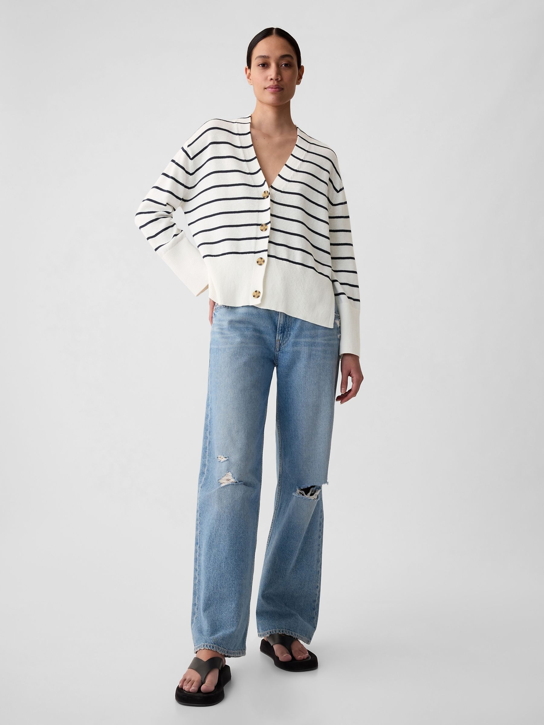 Black/White Stripe 24/7 Split-Hem Linen Blend Oversized Cardigan - Image 4 of 5
