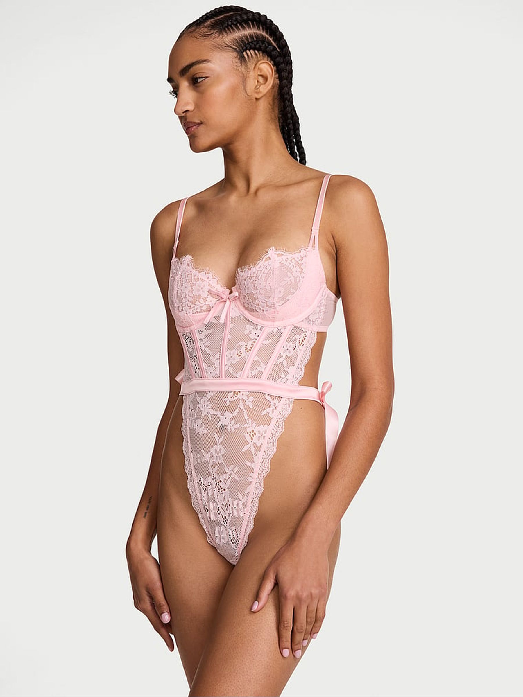 Angel Pink Unlined Lace Balcony Bodysuit - Image 1 of 2 Angel Pink Unlined Lace Balcony Bodysuit - Image 1 of 2