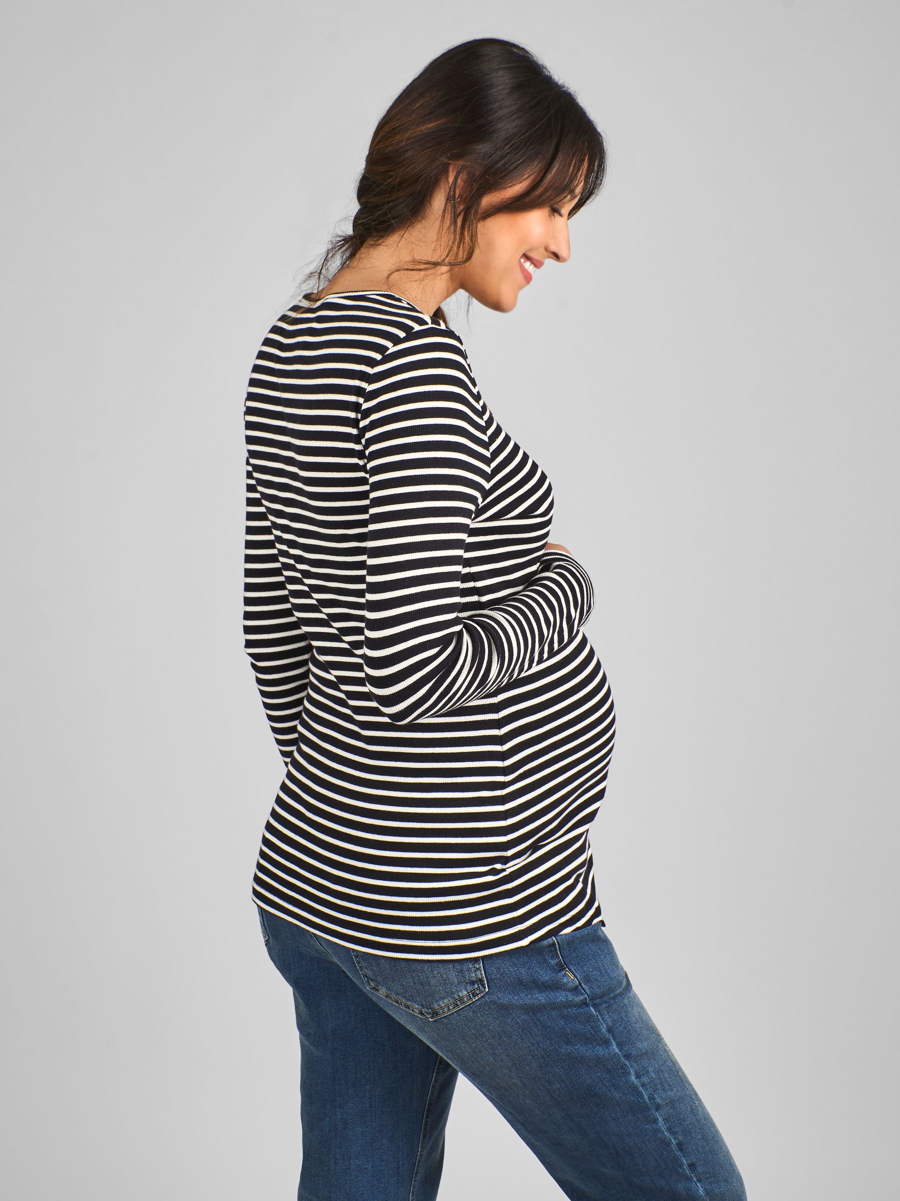 Black & White Stripe Ribbed Jersey Maternity & Nursing Top - Image 2 of 4