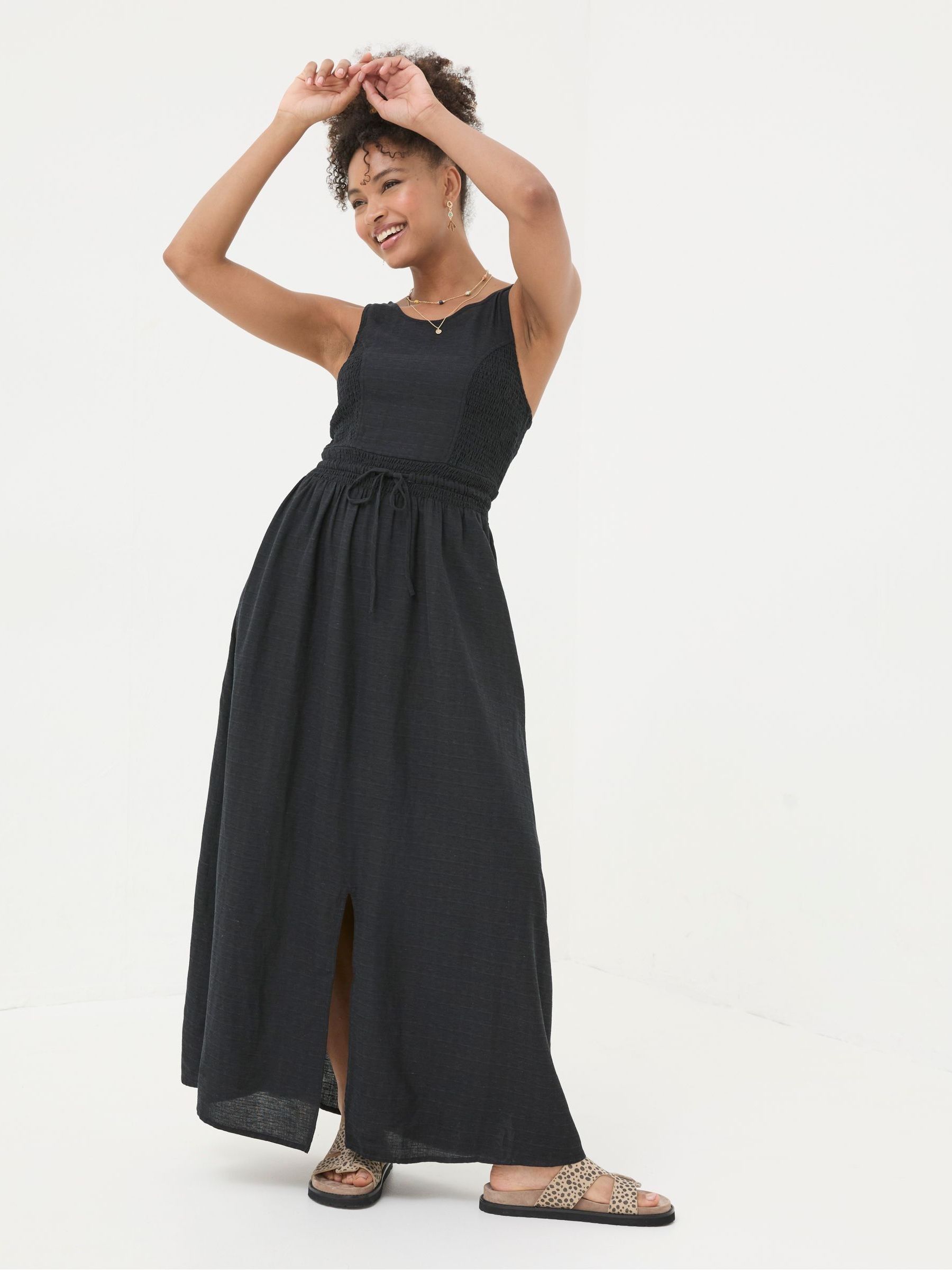 Carmen Black Maxi Dress With Linen - Image 1 of 6
