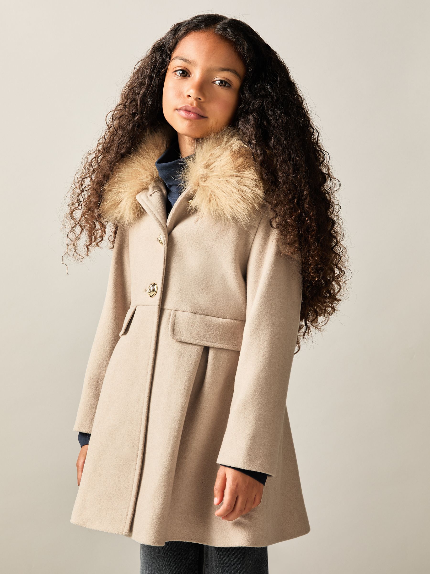 Reiss 9-13 yrs Faux Fur Collar Blend Coat in Oatmeal | REISS