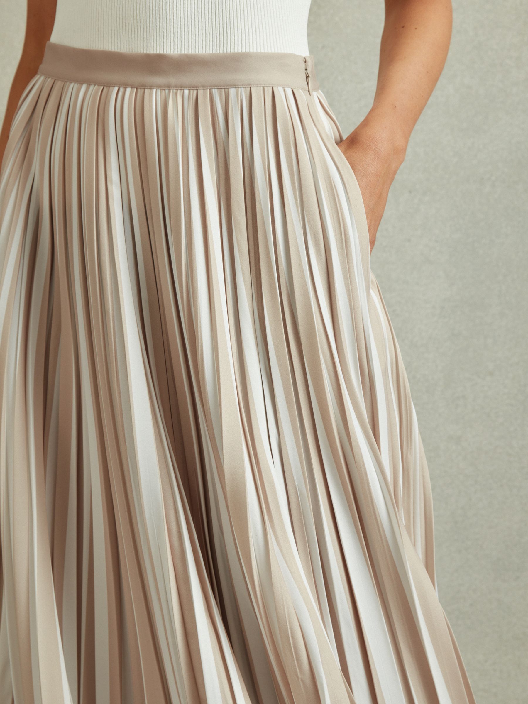 Striped Pleated Midi Skirt in Neutral - Image 3 of 6
