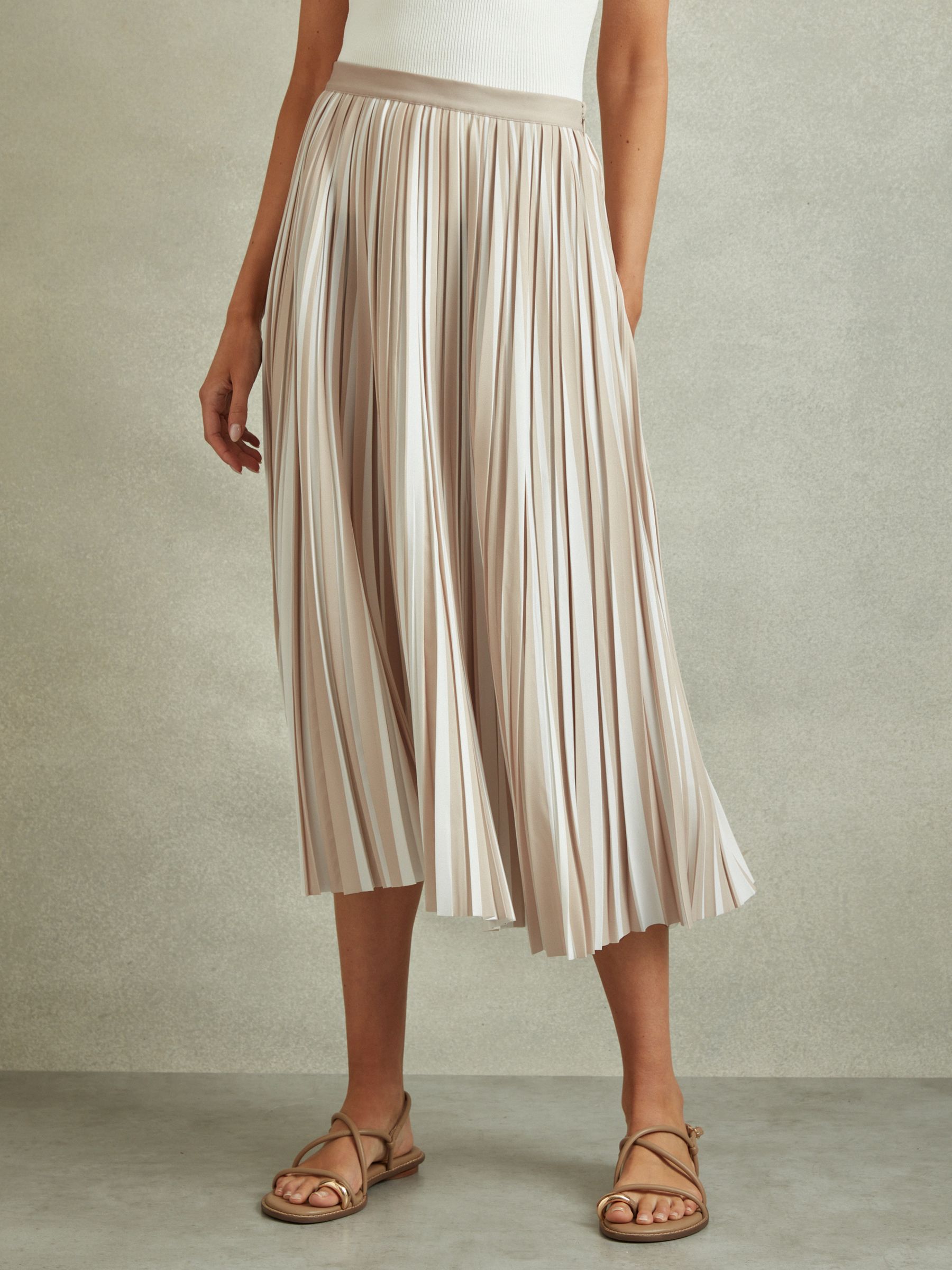 Striped Pleated Midi Skirt in Neutral - Image 4 of 6