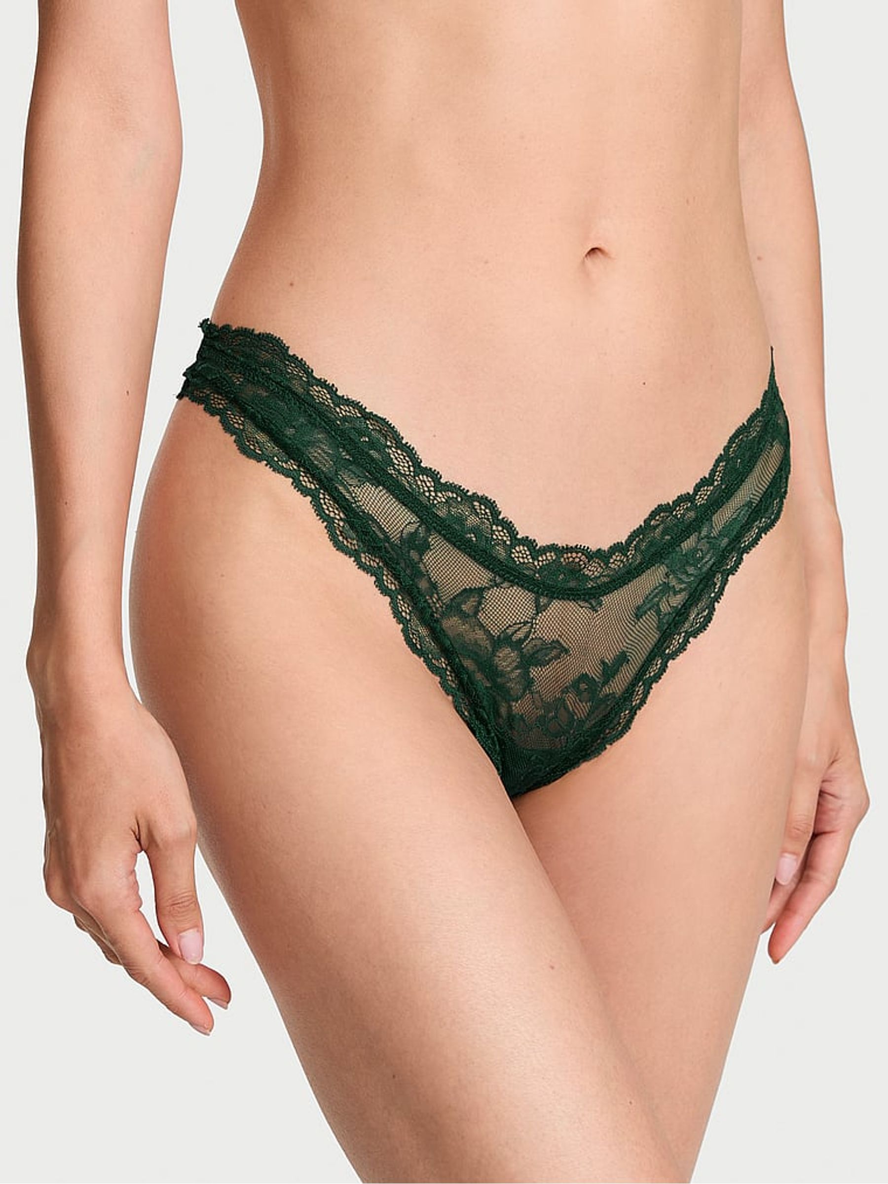 Velvet Pine Green Thong Rose Lace Knickers - Image 1 of 2