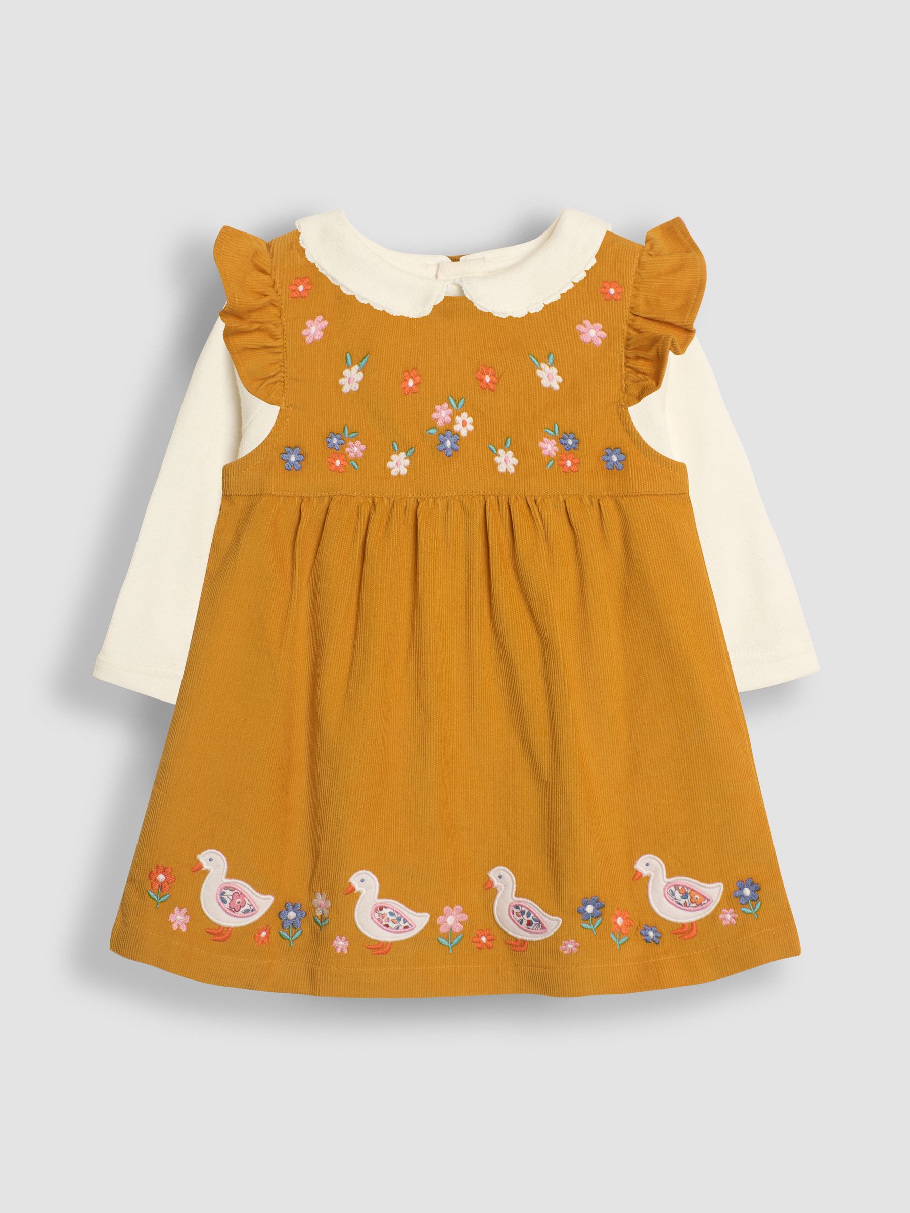 Mustard Yellow Duck Cord Embroidered Baby Dress & Body Set - Image 1 of 6