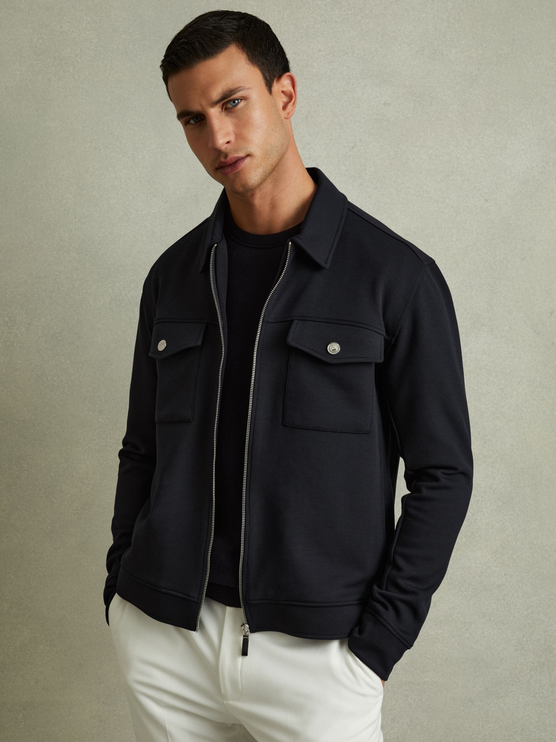 Interlock Jersey Zip-Through Overshirt in Navy Blue - Image 1 of 5