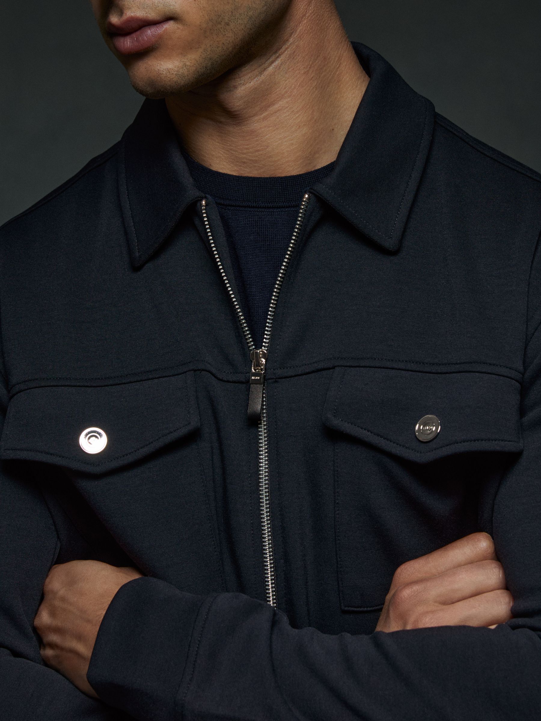 Interlock Jersey Zip-Through Overshirt in Navy Blue - Image 3 of 5