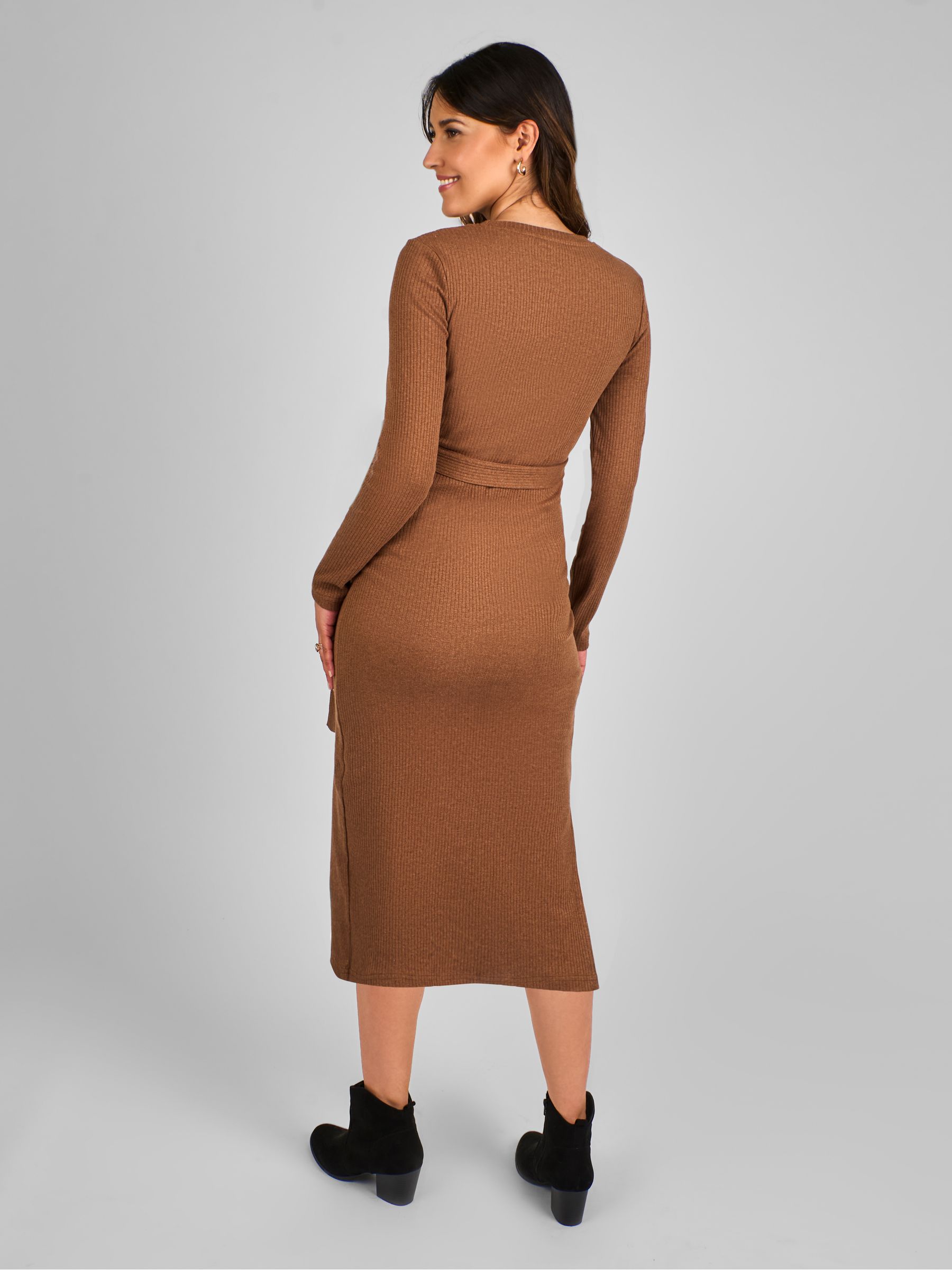 brown midi maternity dress Isabel Maternity XL Dress Brown Long Sleeve Ruched Bodycon Midi Maternity New