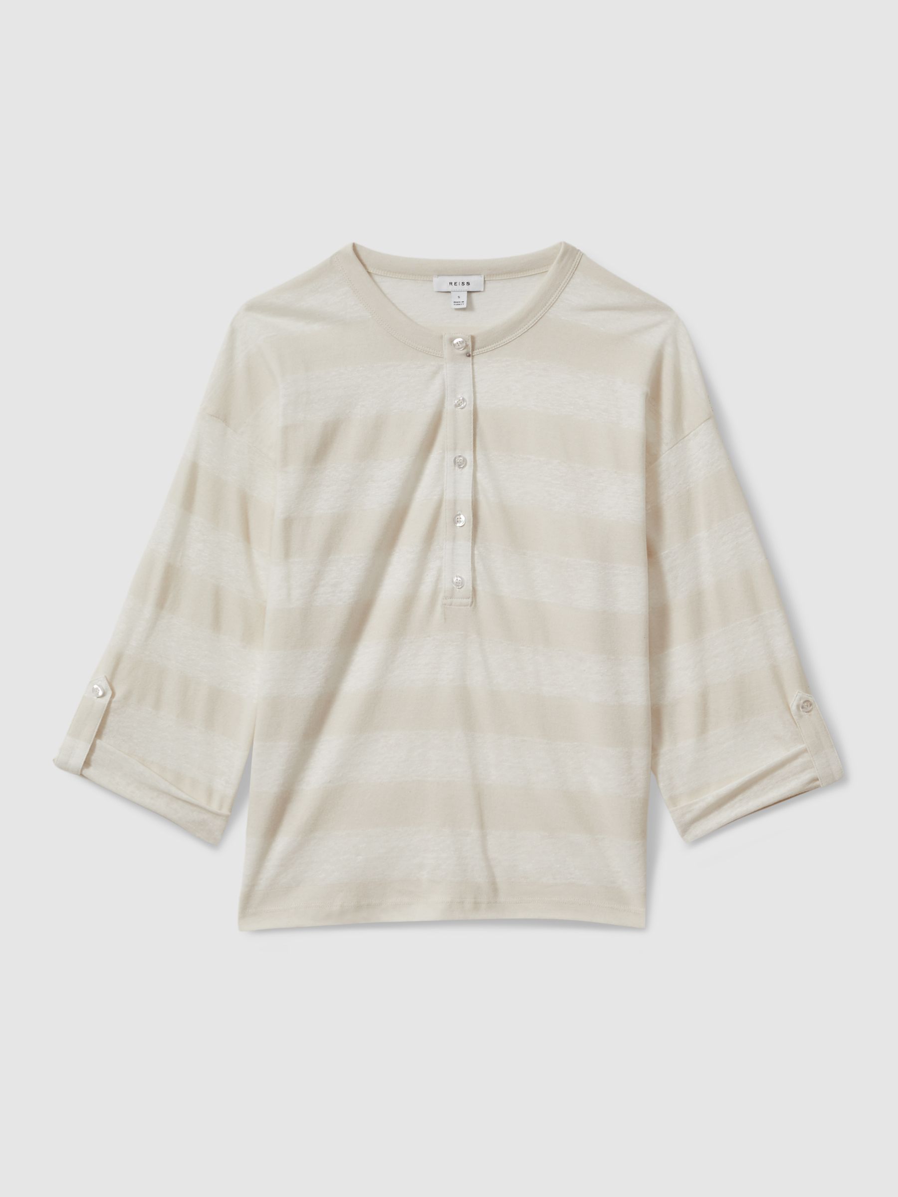 Linen-Cotton Striped Henley Top in Neutral/Ivory - Image 2 of 6