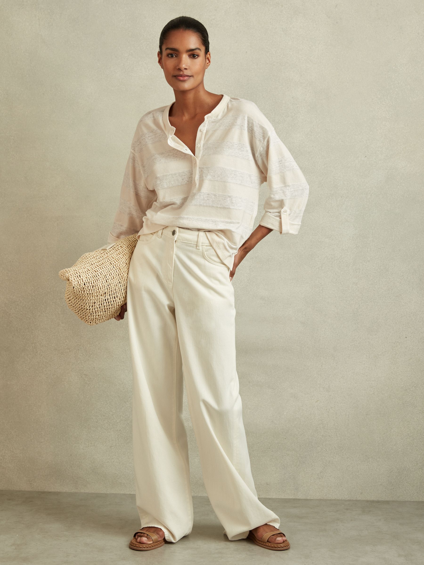 Linen-Cotton Striped Henley Top in Neutral/Ivory - Image 3 of 6