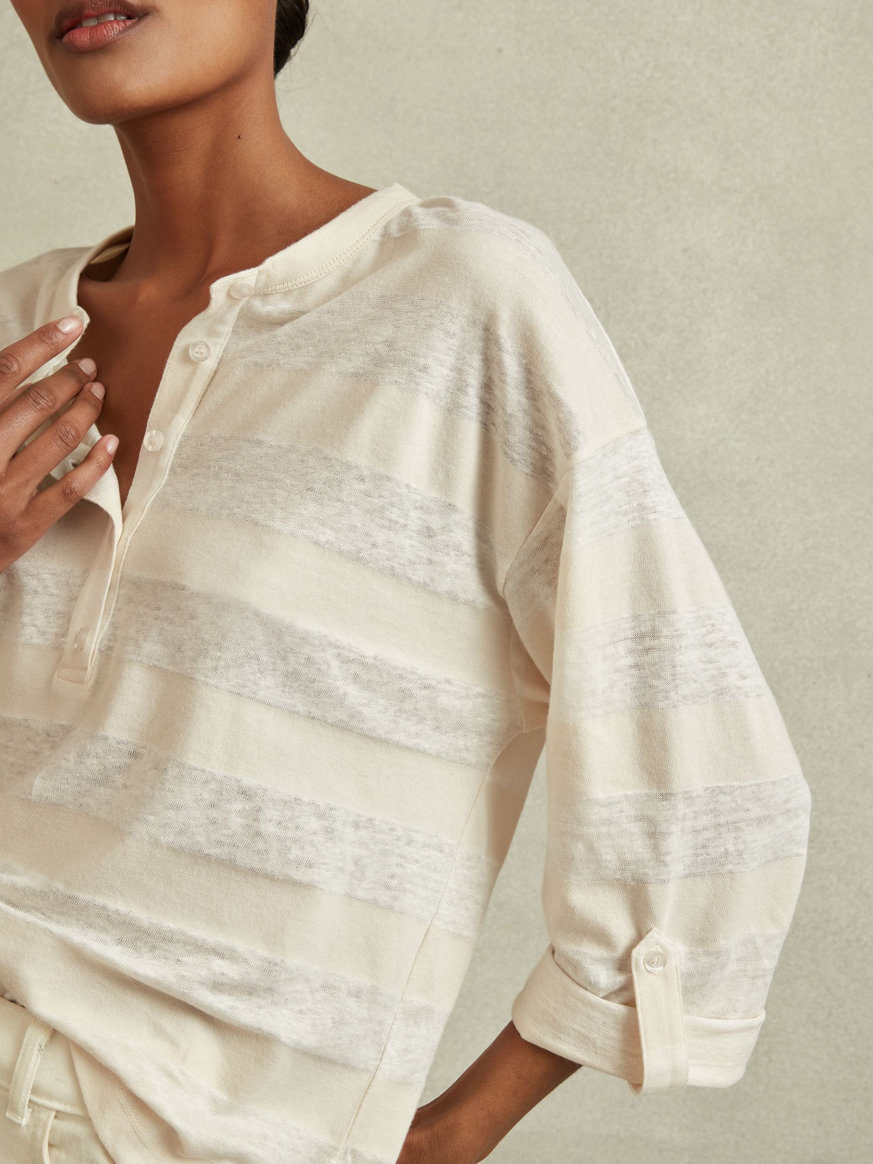 Linen-Cotton Striped Henley Top in Neutral/Ivory - Image 4 of 6