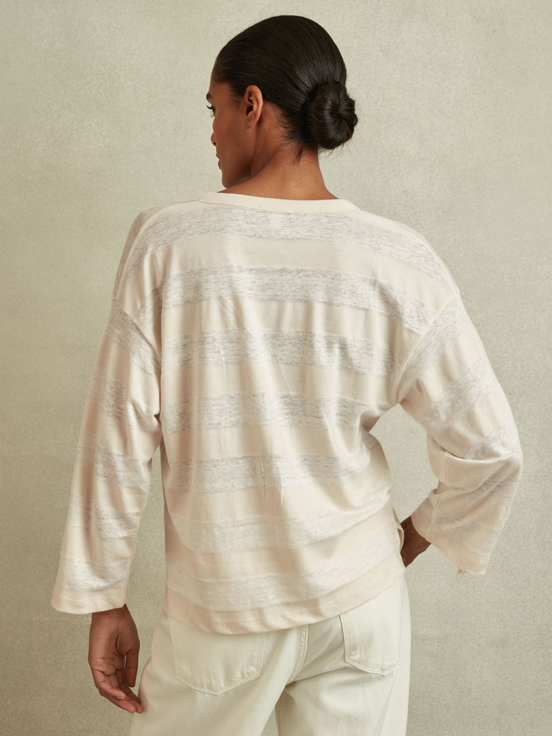 Linen-Cotton Striped Henley Top in Neutral/Ivory - Image 5 of 6