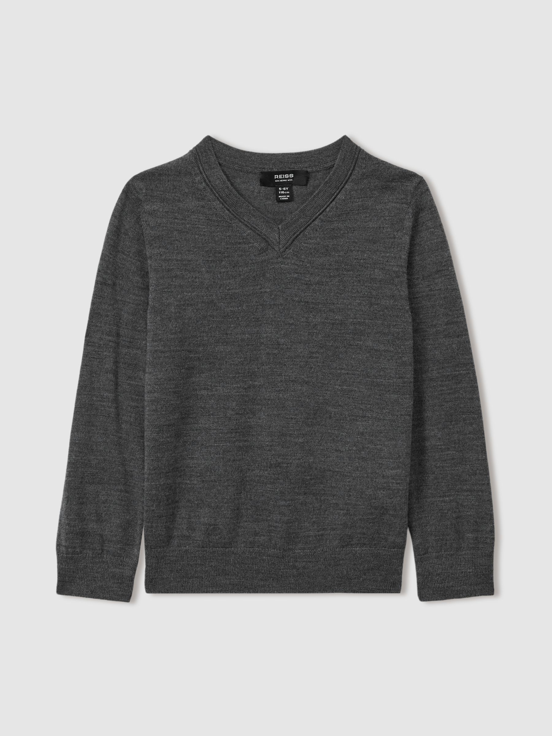 9-13 yrs Merino Wool V-Neck Jumper in Grey - Image 1 of 3