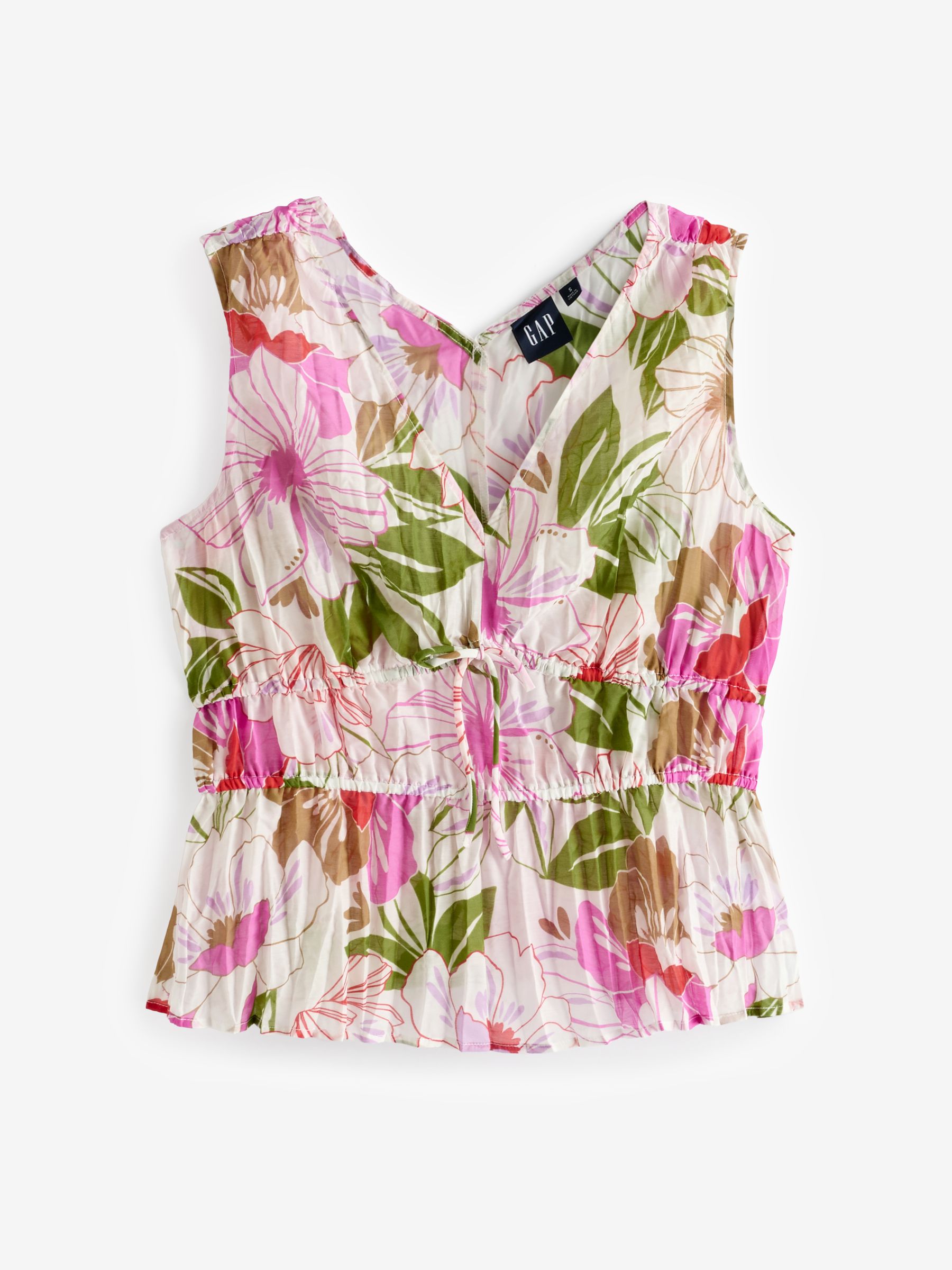 Green Pleated V Neck Cinched Sleeveless Top - Image 1 of 4