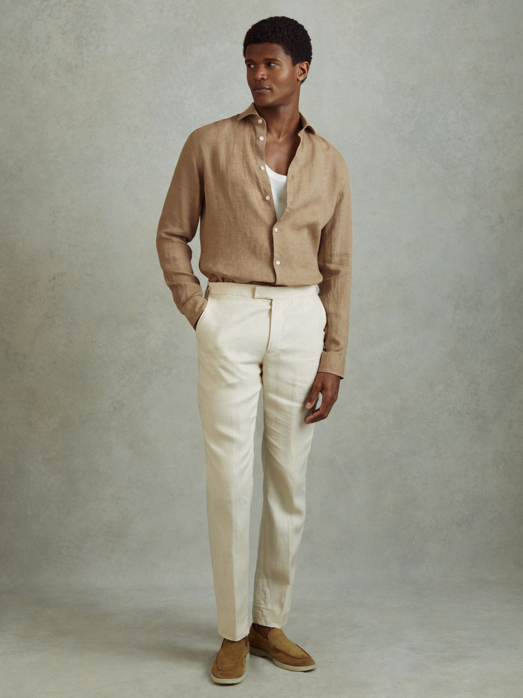 Reiss Linen Button-Through Shirt in Camel | REISS