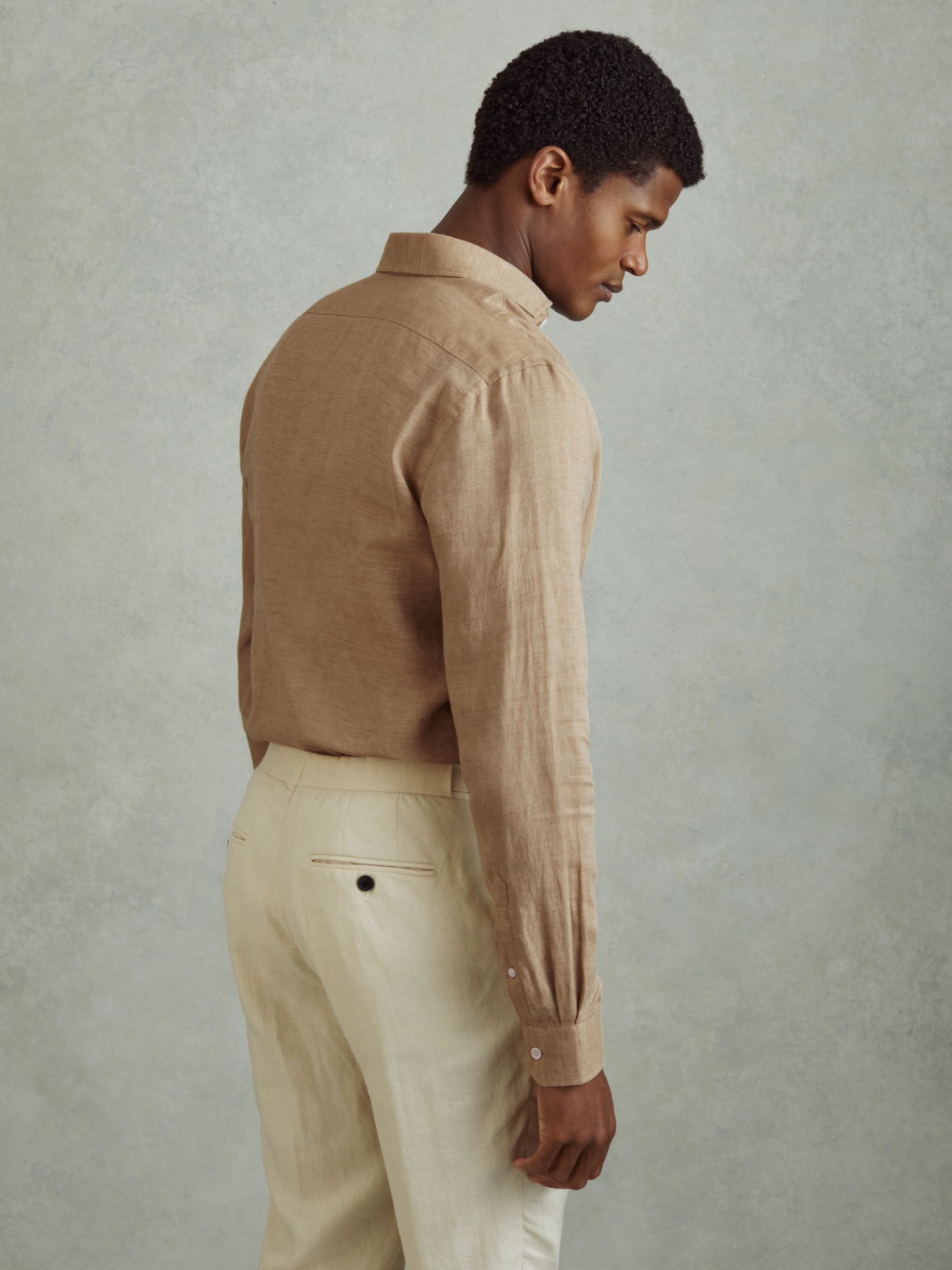 Reiss Linen Button-Through Shirt in Camel | REISS
