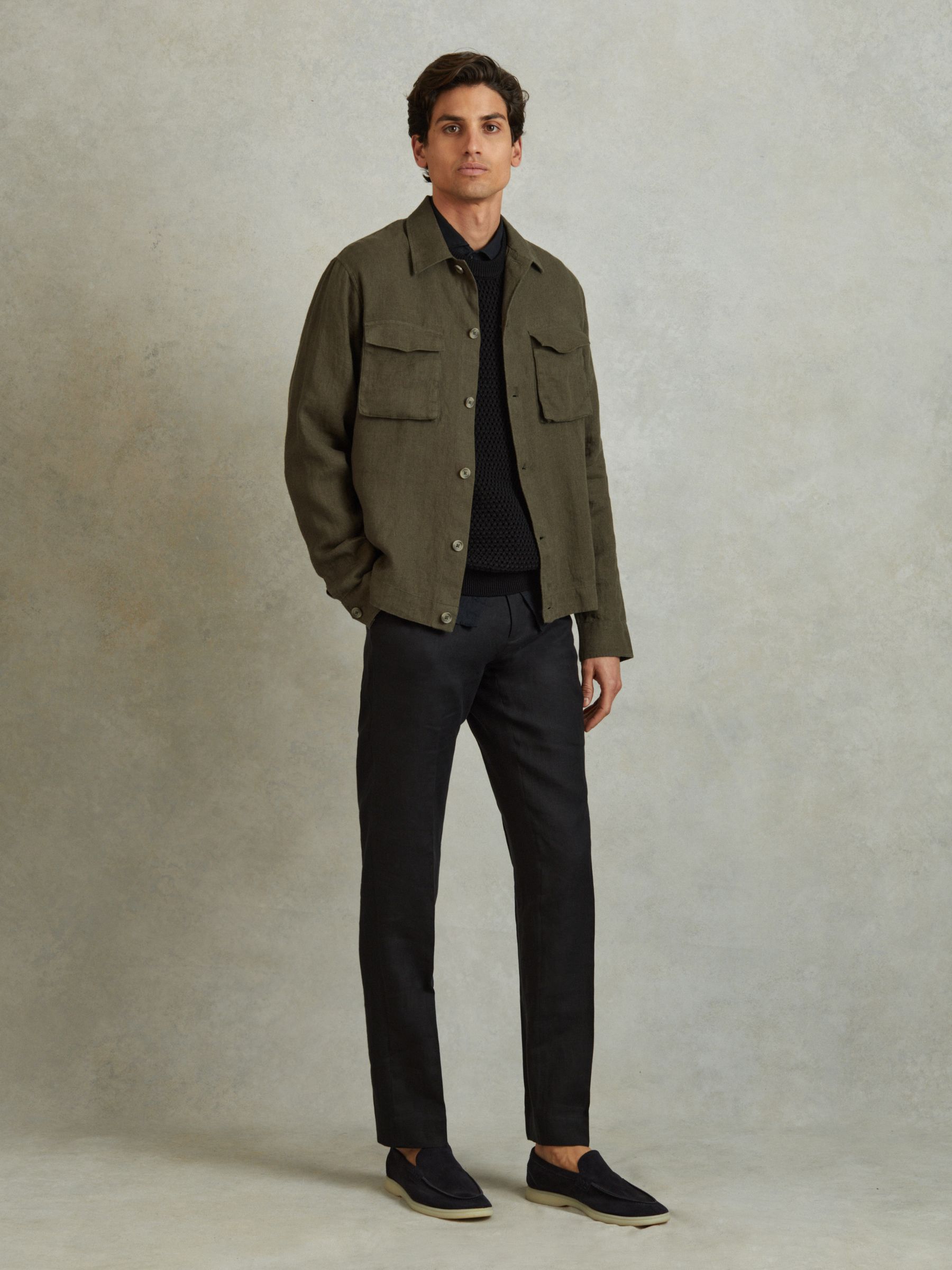 100% Linen Overshirt in Khaki - Image 1 of 5