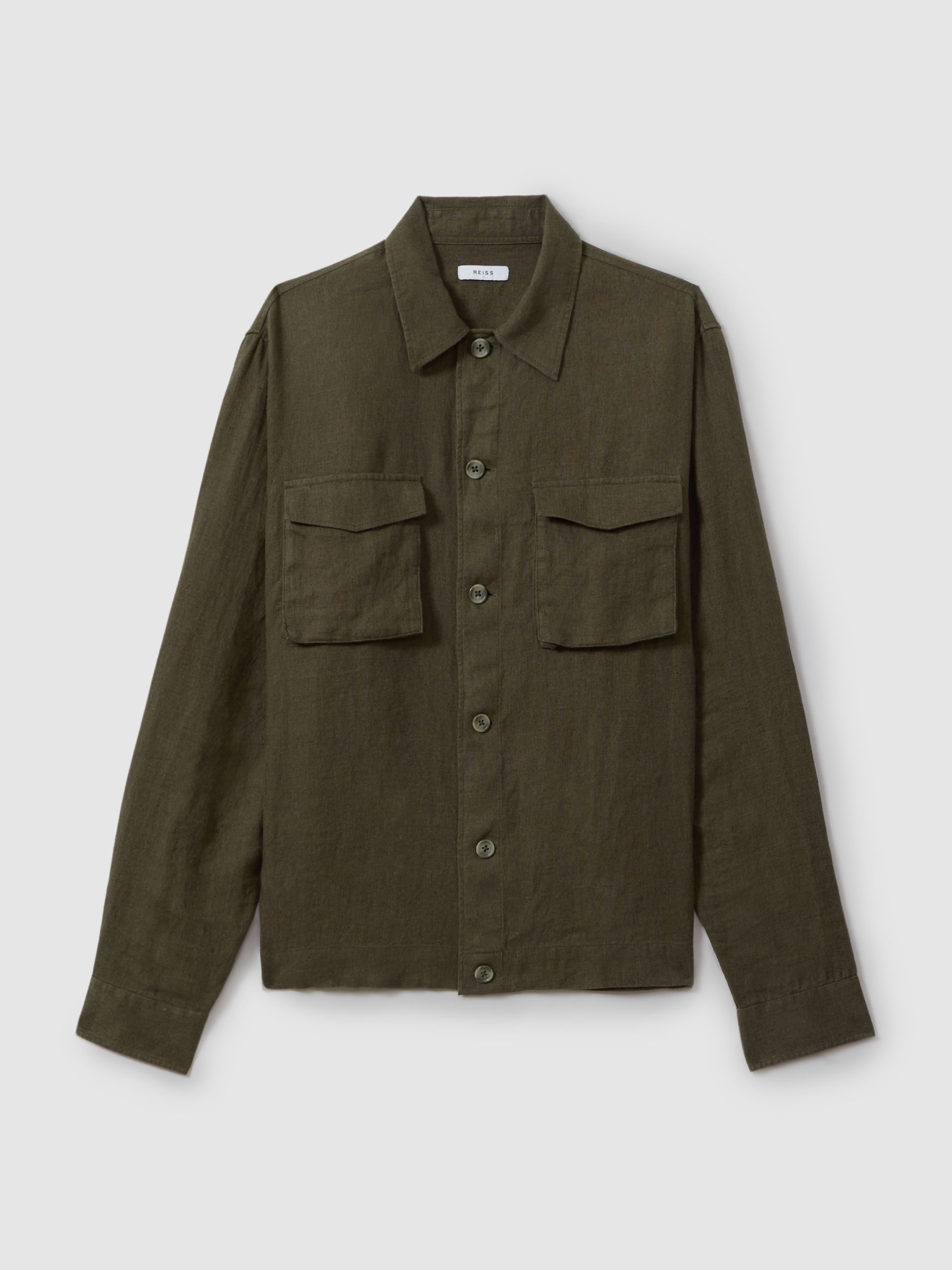 100% Linen Overshirt in Khaki - Image 1 of 5