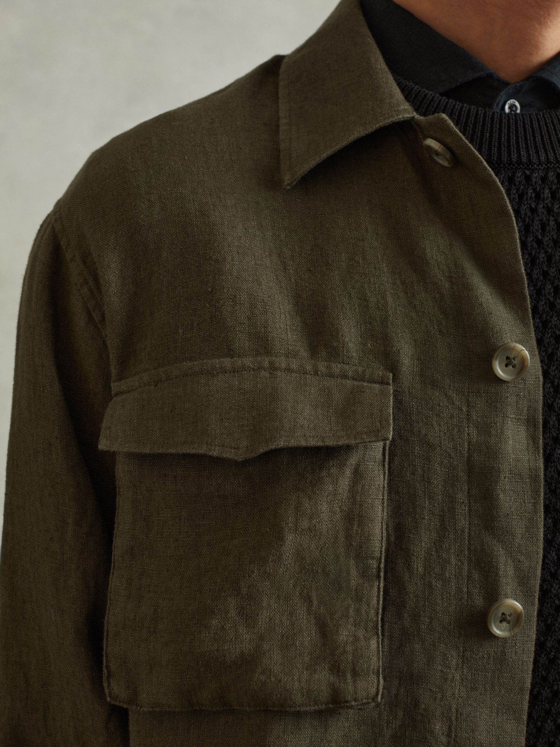 100% Linen Overshirt in Khaki - Image 2 of 5