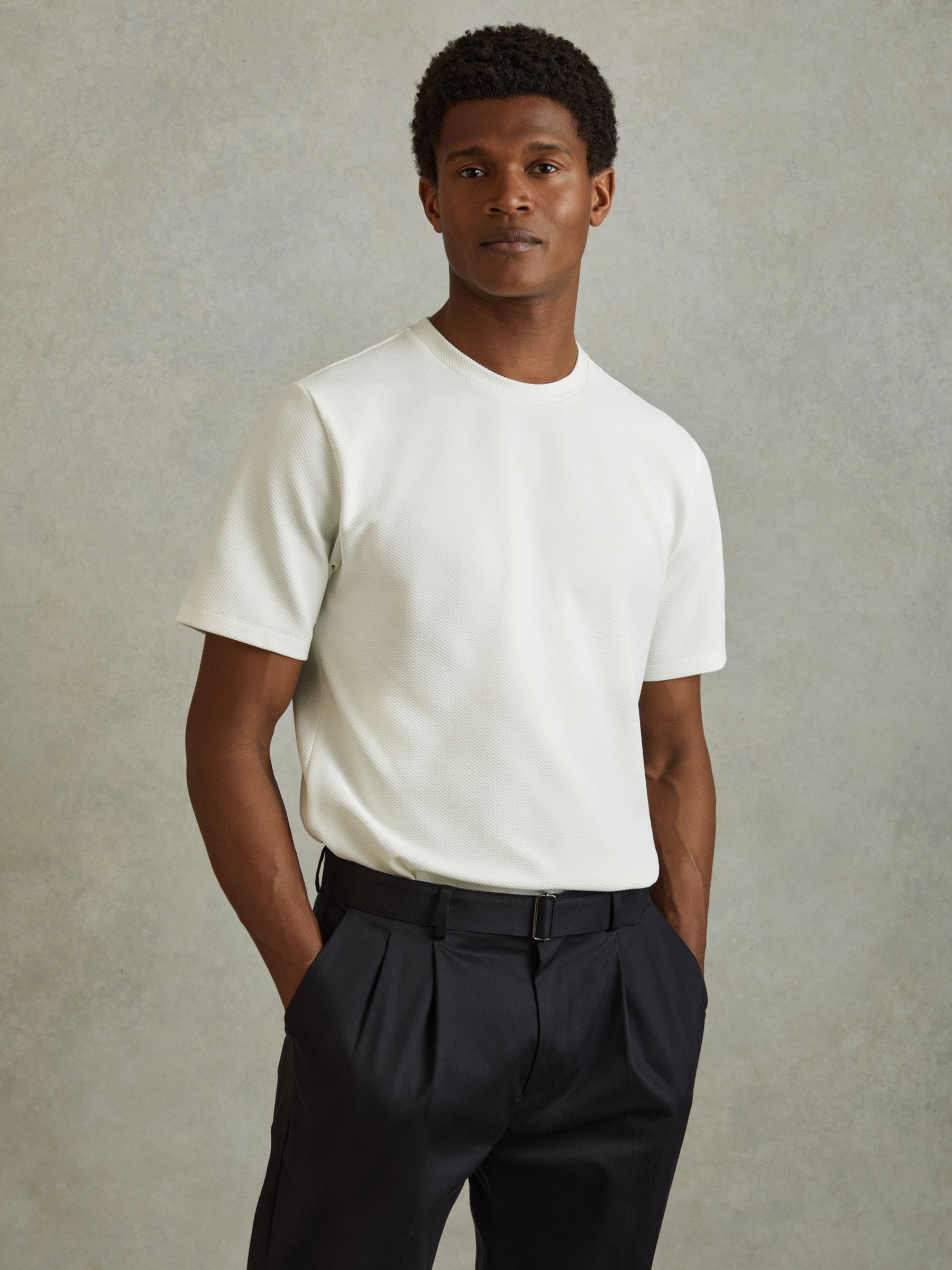 Textured Crew-Neck T-Shirt in Off White - Image 1 of 5