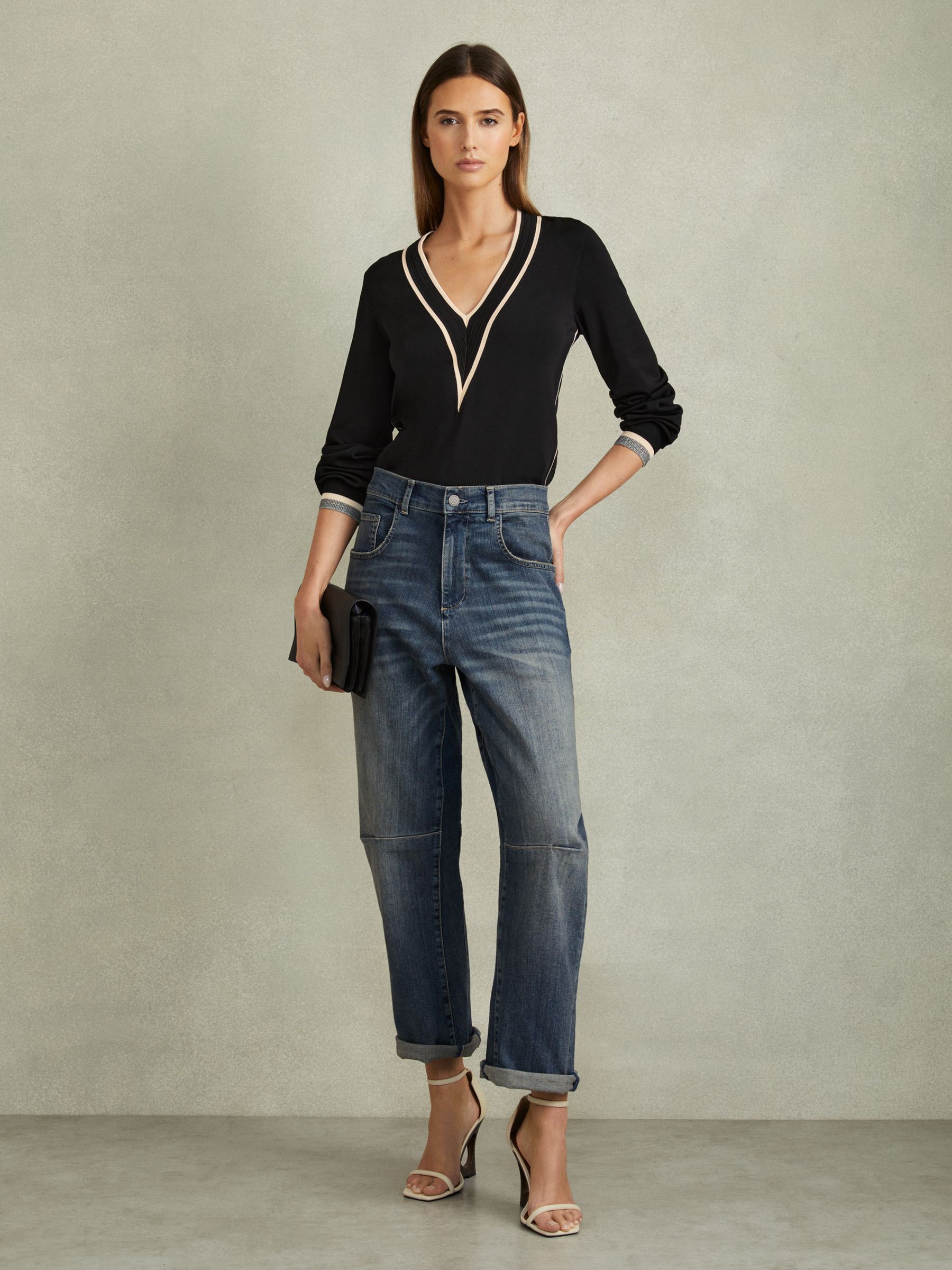 Faith Black/Cream Contrast Trim V-Neck Jumper - Image 1 of 5