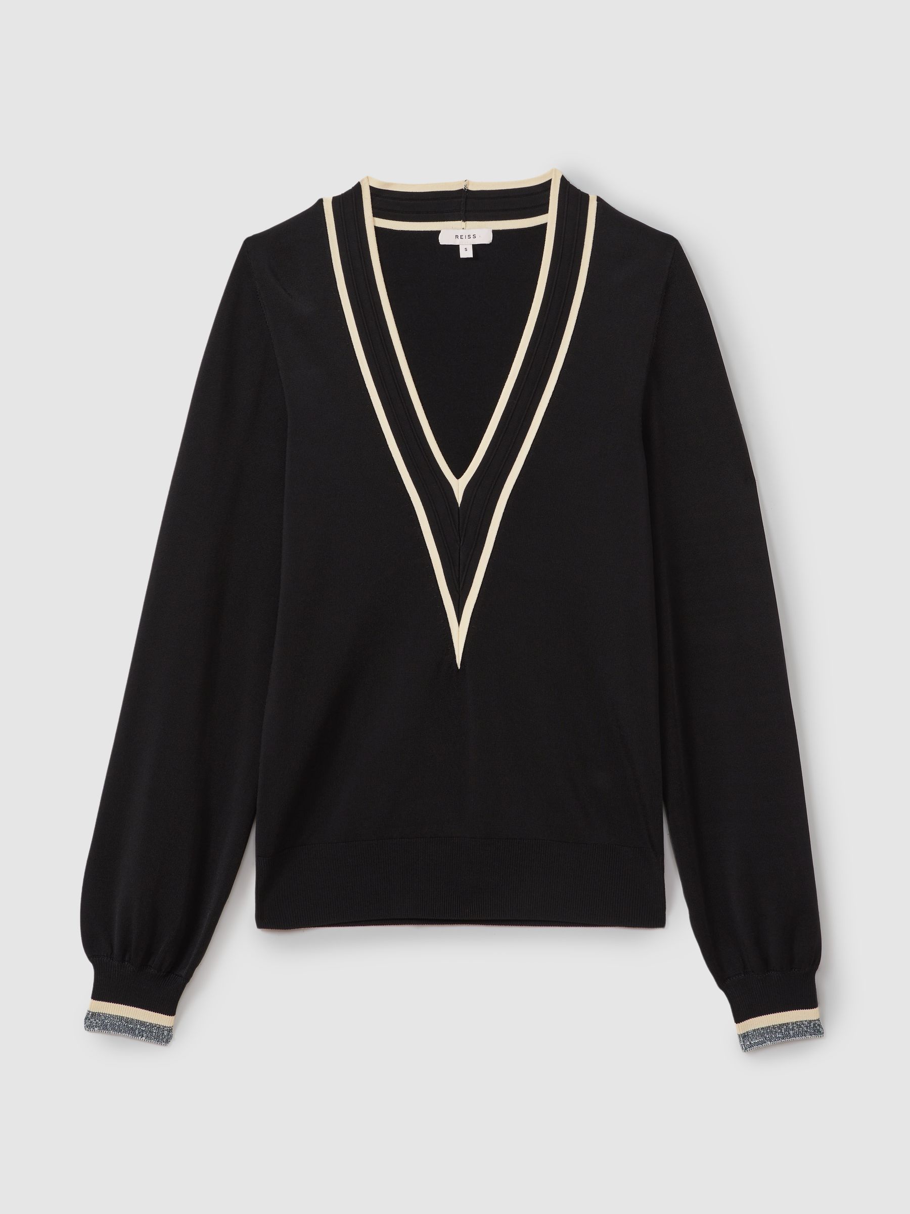 Faith Black/Cream Contrast Trim V-Neck Jumper - Image 2 of 5