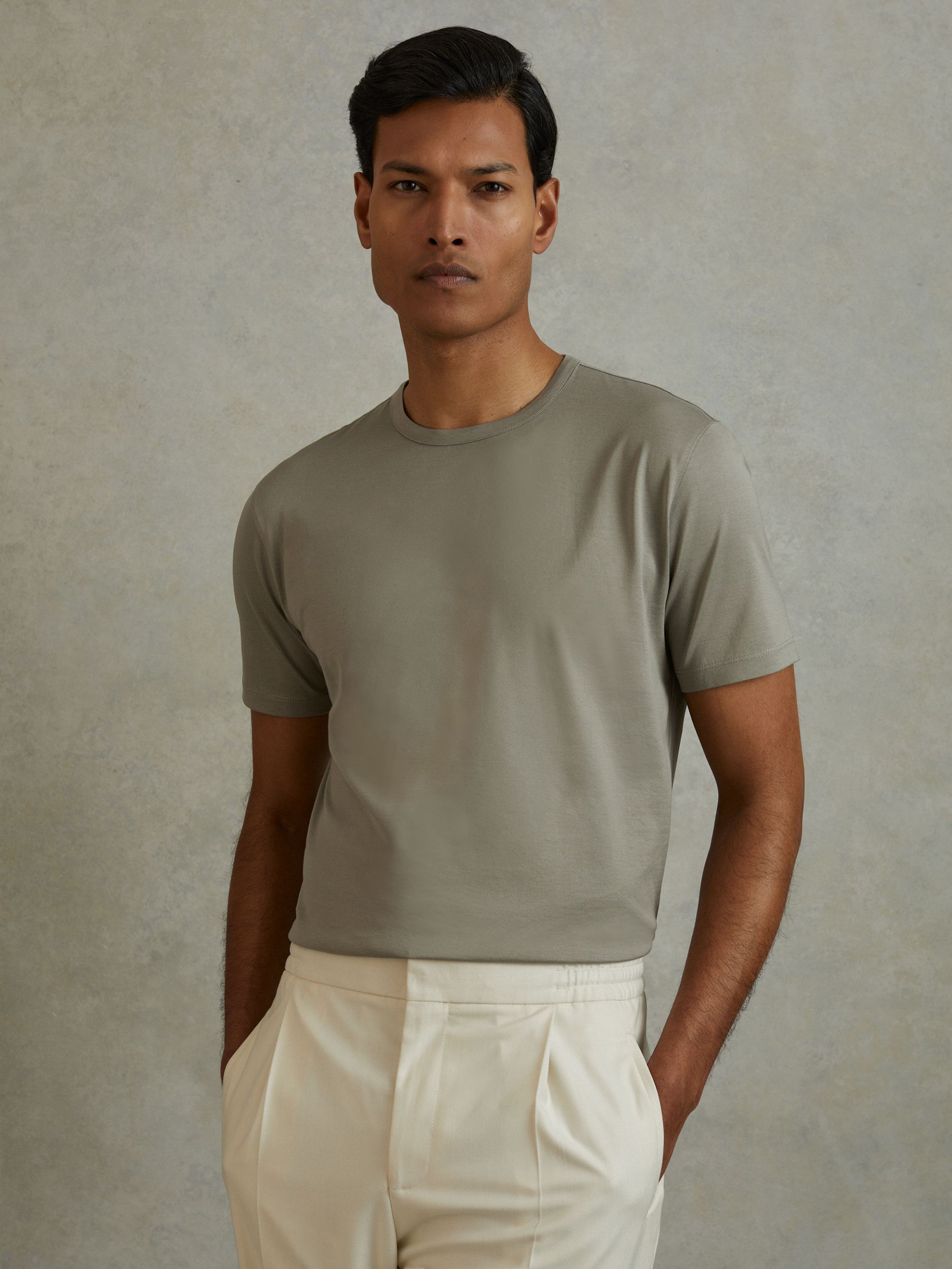 Mercerised Cotton Crew Neck T-Shirt in Vetiver - Image 1 of 5
