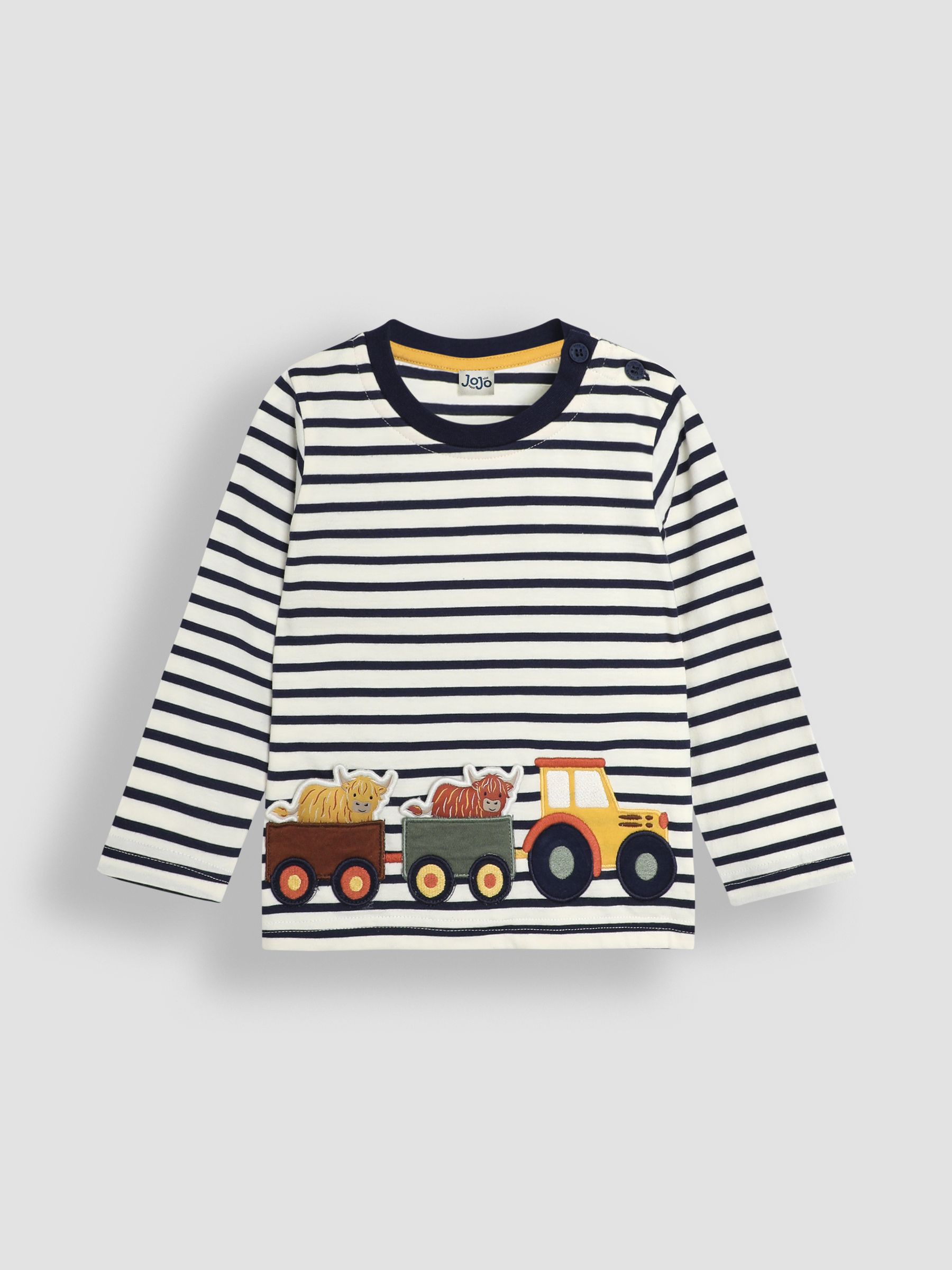 Ecru Navy Stripe Tractor & Highland Cow Applique Top - Image 1 of 3