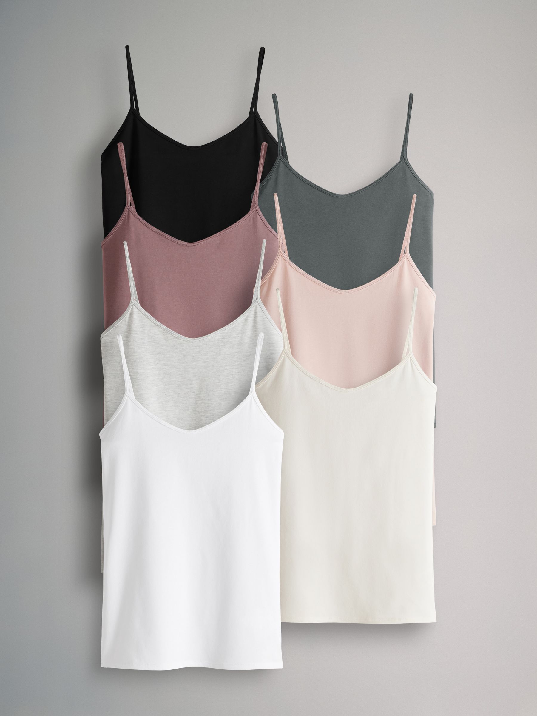 Black/Light Grey/Pink/Cream/Blue/White - 7 Pack Thin Strap Vest Tops - Image 1 of 6 Black/Light Grey/Pink/Cream/Blue/White - 7 Pack Thin Strap Vest Tops - Image 1 of 6